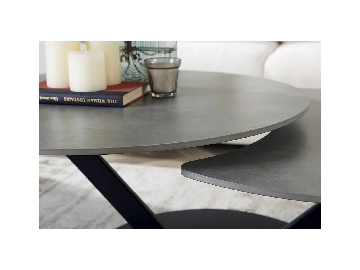 Mesa de Centro VIRELLO – Mesa de Centro Redonda Ø85 cm – Pedra Natural Cinza Claro & Metal – Design de Alta Qualidade