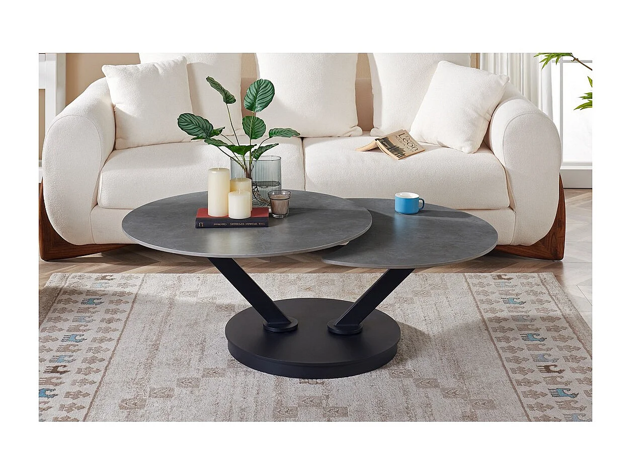 Table basse VIRELLO – Table basse ronde Ø85 cm – Pierre naturelle gris clair & métal – Design haut de gamme