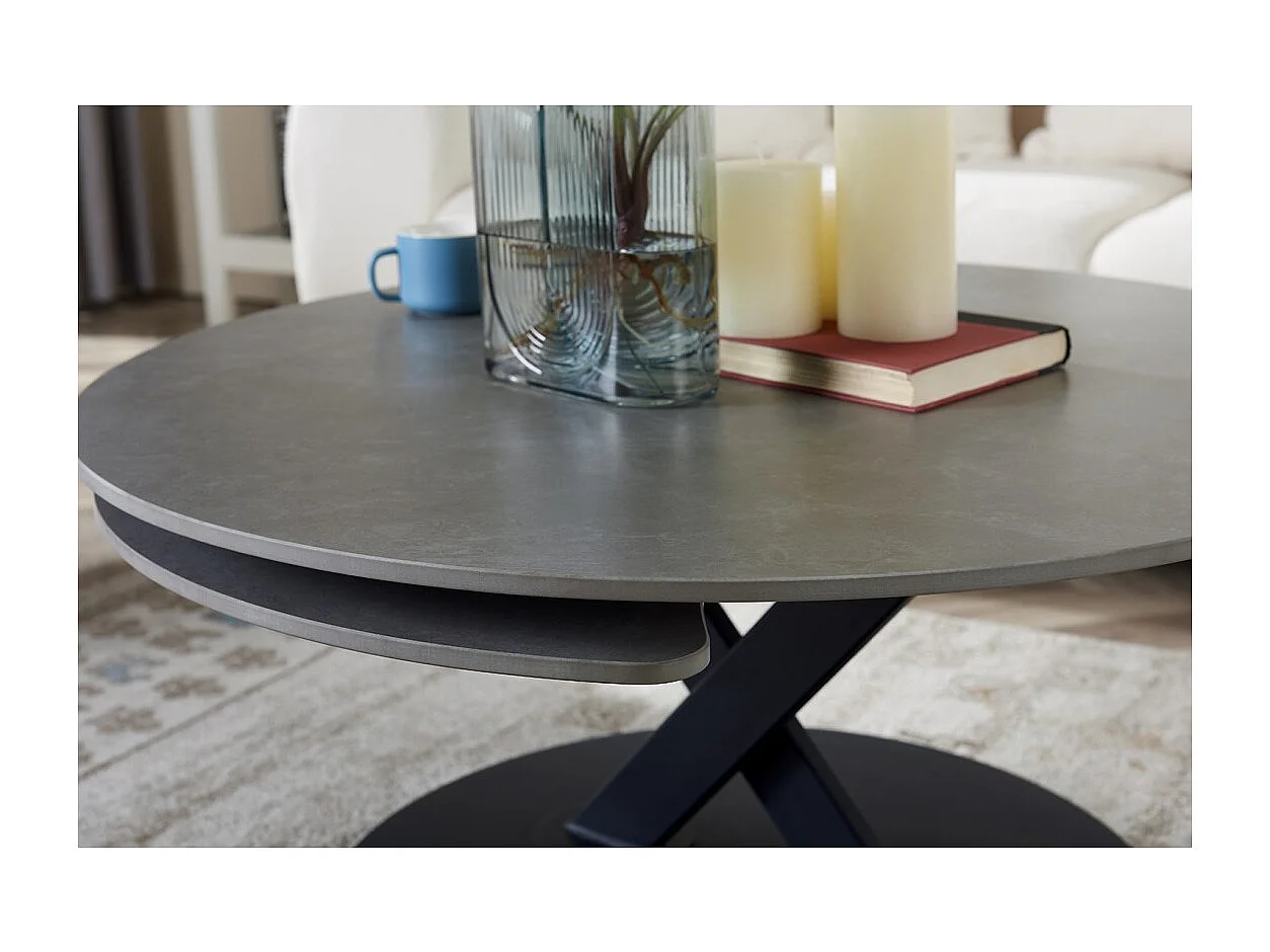 Table basse VIRELLO – Table basse ronde Ø85 cm – Pierre naturelle gris clair & métal – Design haut de gamme