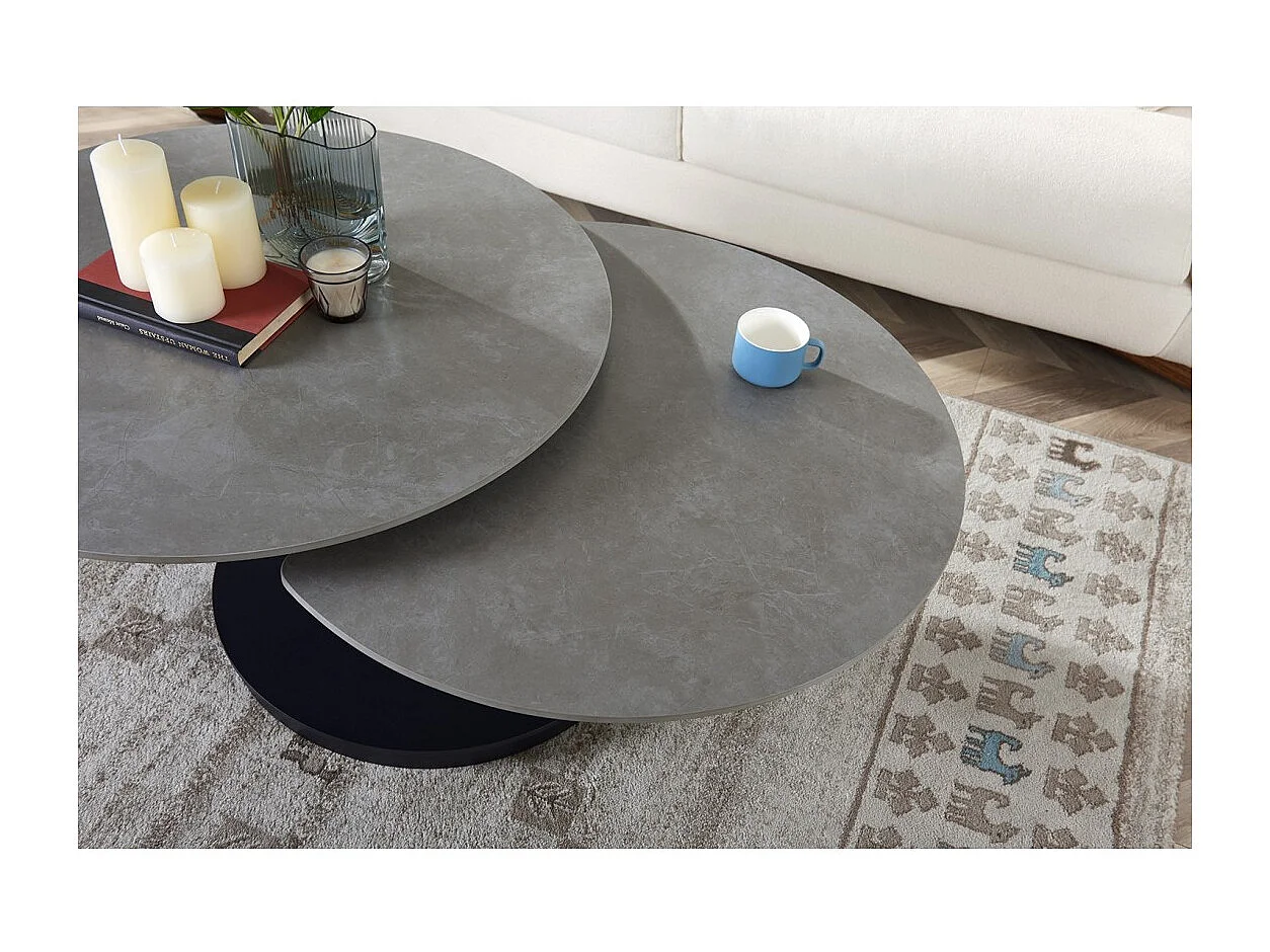 Table basse VIRELLO – Table basse ronde Ø85 cm – Pierre naturelle gris clair & métal – Design haut de gamme