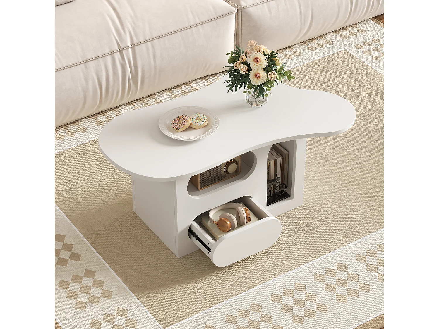 Couchtisch 97×45×43,5 cm - mit offenem Staufach - mit 1 Schublade - weiß