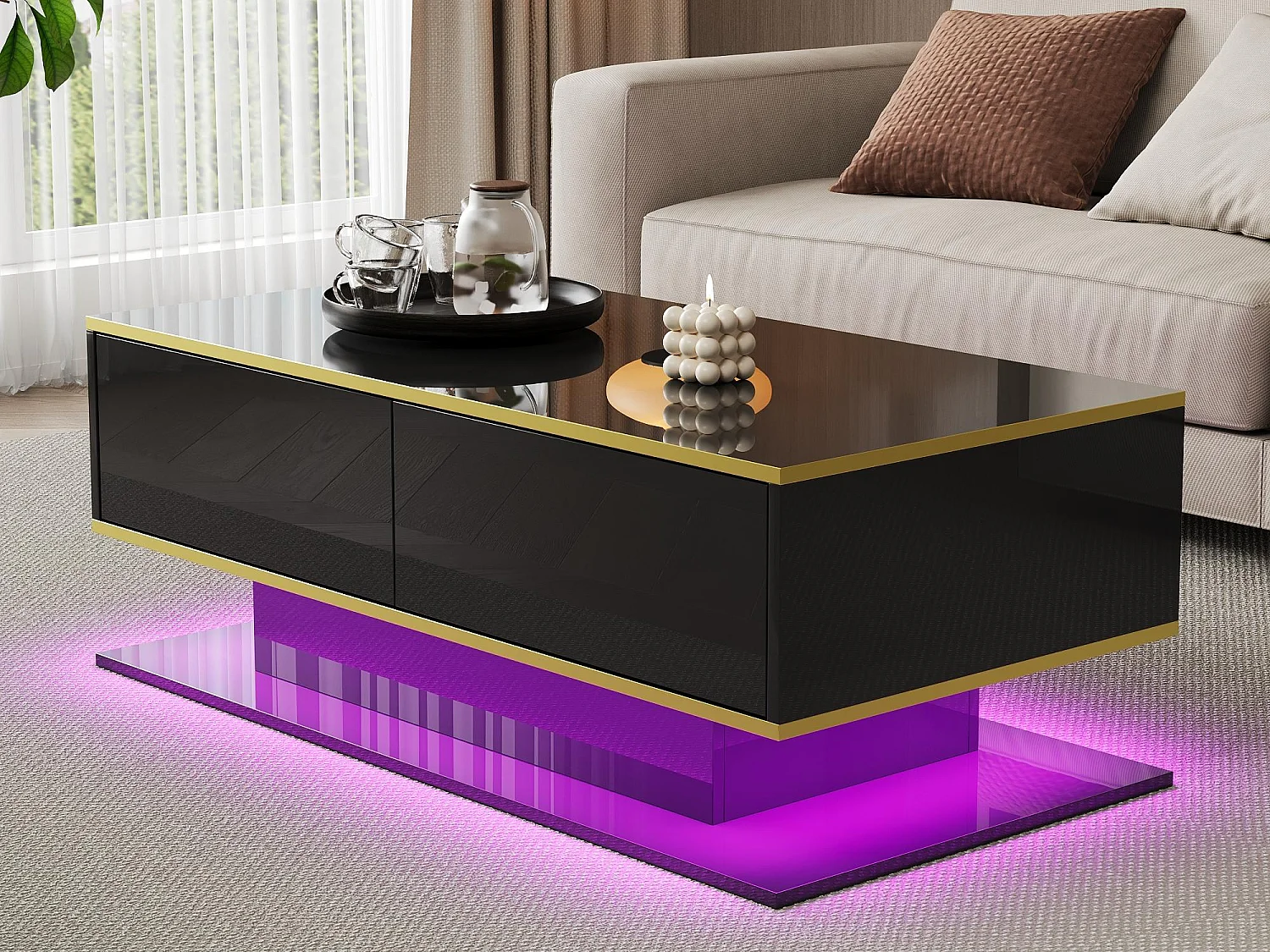 Table basse LED moderne - Finition brillante - Avec 3 tiroirs - Avec éclairage LED - Noir