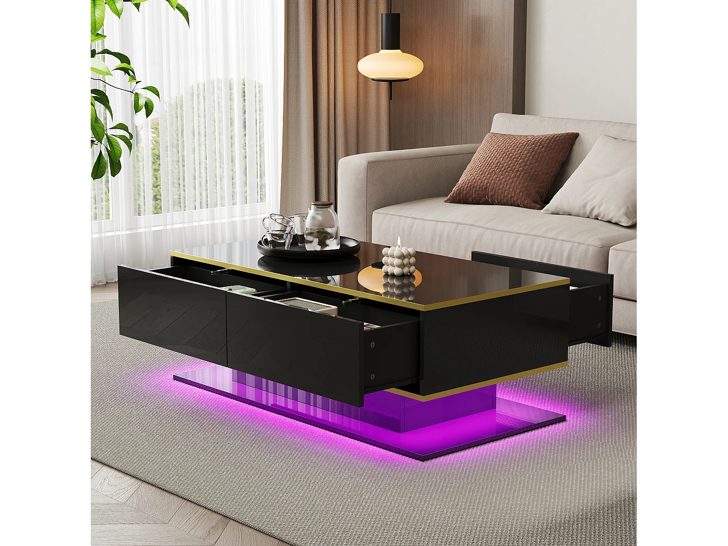 Table basse LED moderne - Finition brillante - Avec 3 tiroirs - Avec éclairage LED - Noir