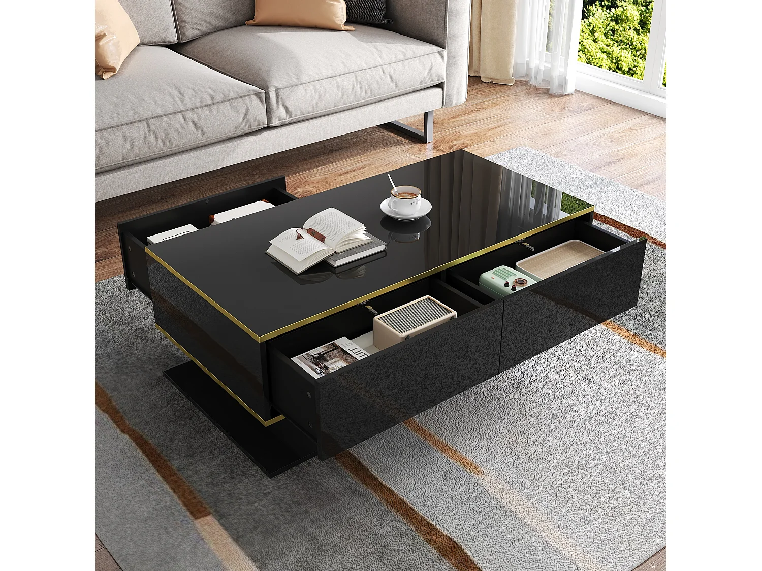 Table basse LED moderne - Finition brillante - Avec 3 tiroirs - Avec éclairage LED - Noir