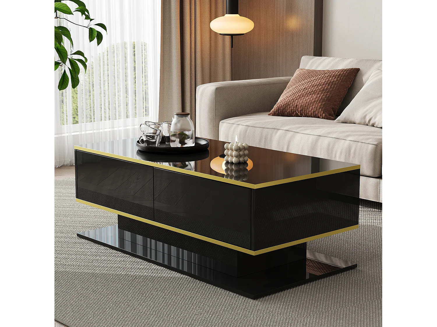Table basse LED moderne - Finition brillante - Avec 3 tiroirs - Avec éclairage LED - Noir