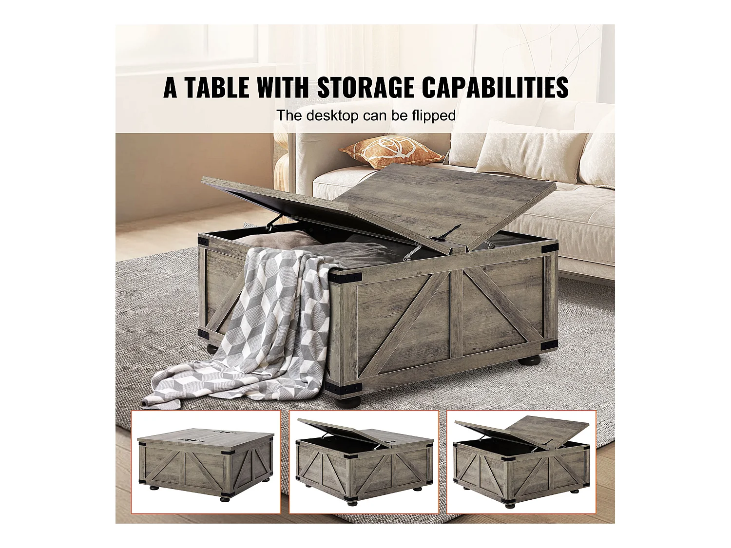 Table Basse SucceBuy, 914 mm, Table Carrée à Charnières avec Grand Compartiment de Rangement, Gris-Marron, pour Salon, Chambre, Appartement, Studio