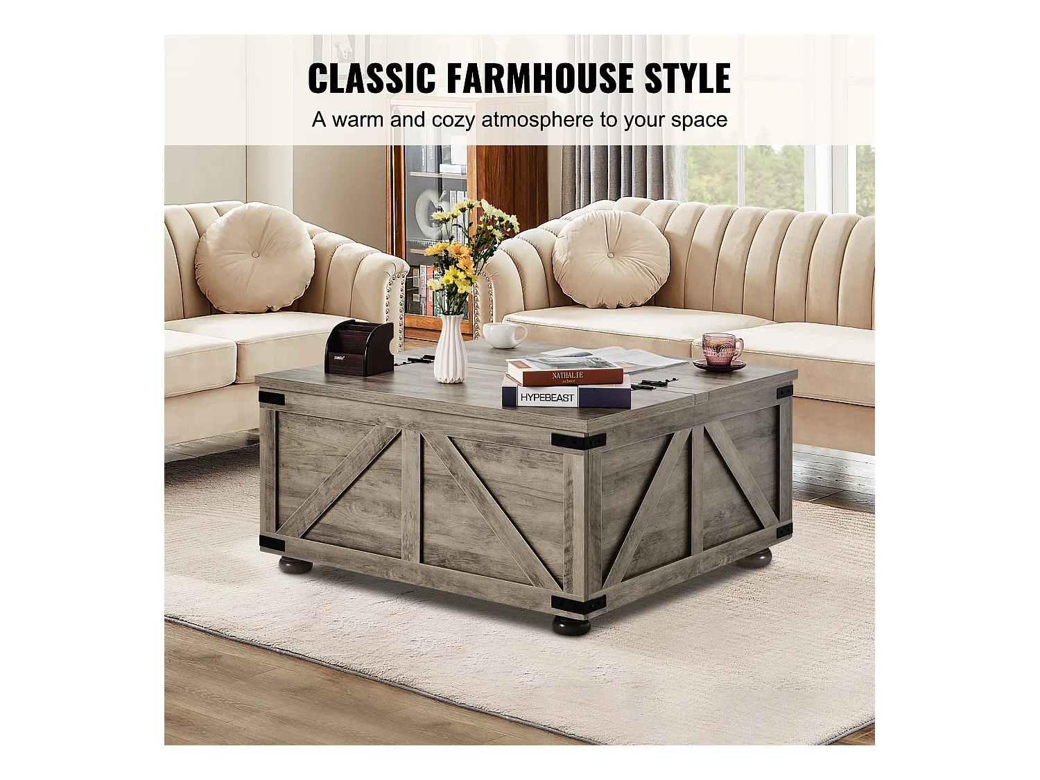 Table Basse SucceBuy, 914 mm, Table Carrée à Charnières avec Grand Compartiment de Rangement, Gris-Marron, pour Salon, Chambre, Appartement, Studio