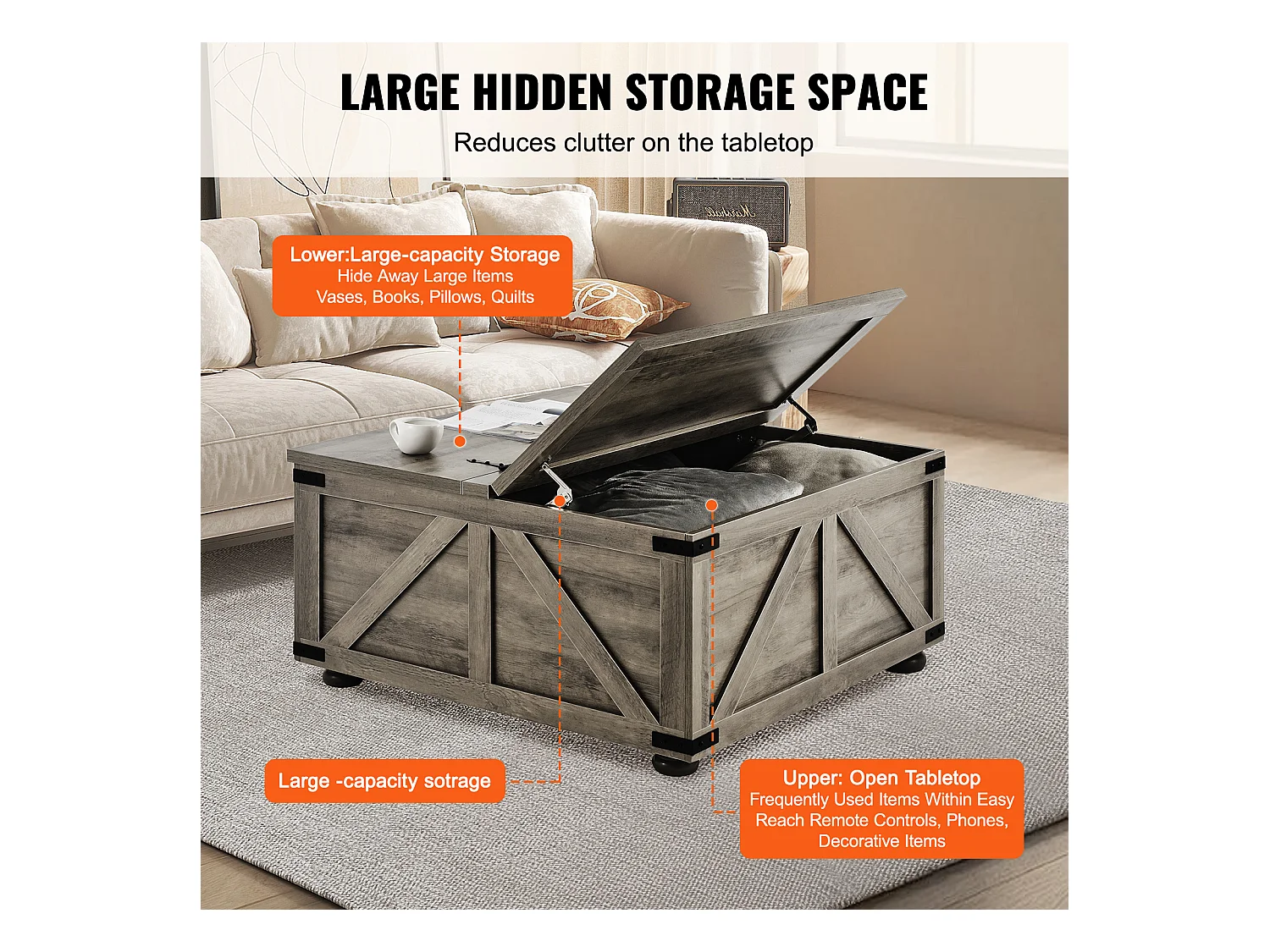 Table Basse SucceBuy, 914 mm, Table Carrée à Charnières avec Grand Compartiment de Rangement, Gris-Marron, pour Salon, Chambre, Appartement, Studio