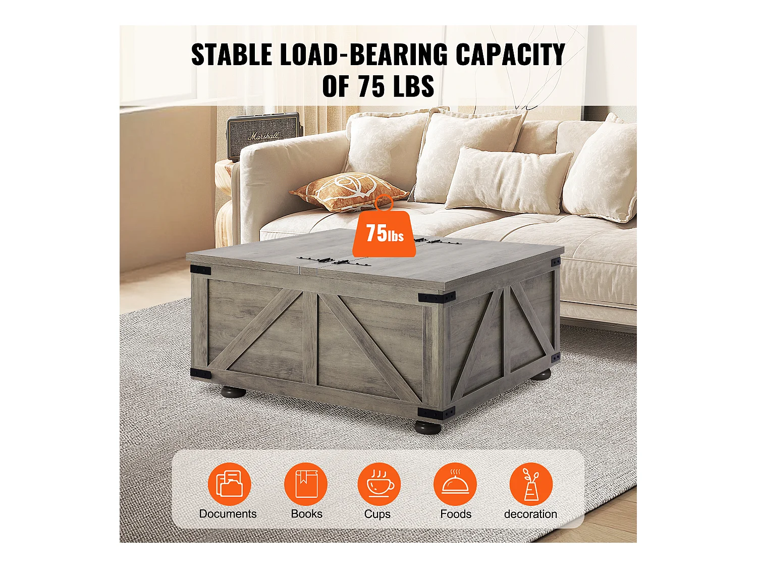 Table Basse SucceBuy, 914 mm, Table Carrée à Charnières avec Grand Compartiment de Rangement, Gris-Marron, pour Salon, Chambre, Appartement, Studio