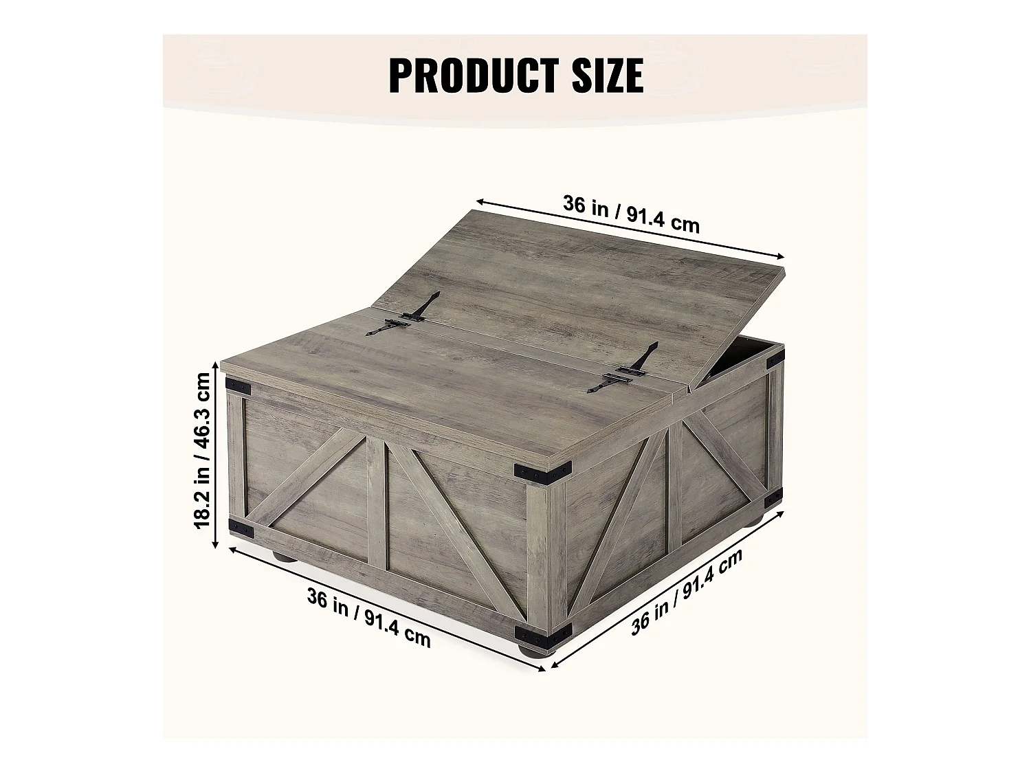 Table Basse SucceBuy, 914 mm, Table Carrée à Charnières avec Grand Compartiment de Rangement, Gris-Marron, pour Salon, Chambre, Appartement, Studio