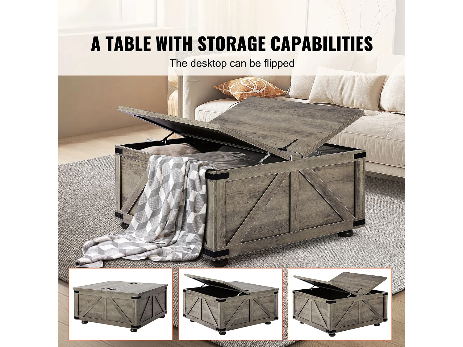 Table Basse SucceBuy, 914 mm, Table Carrée à Charnières avec Grand Compartiment de Rangement, Gris-Marron, pour Salon, Chambre, Appartement, Studio