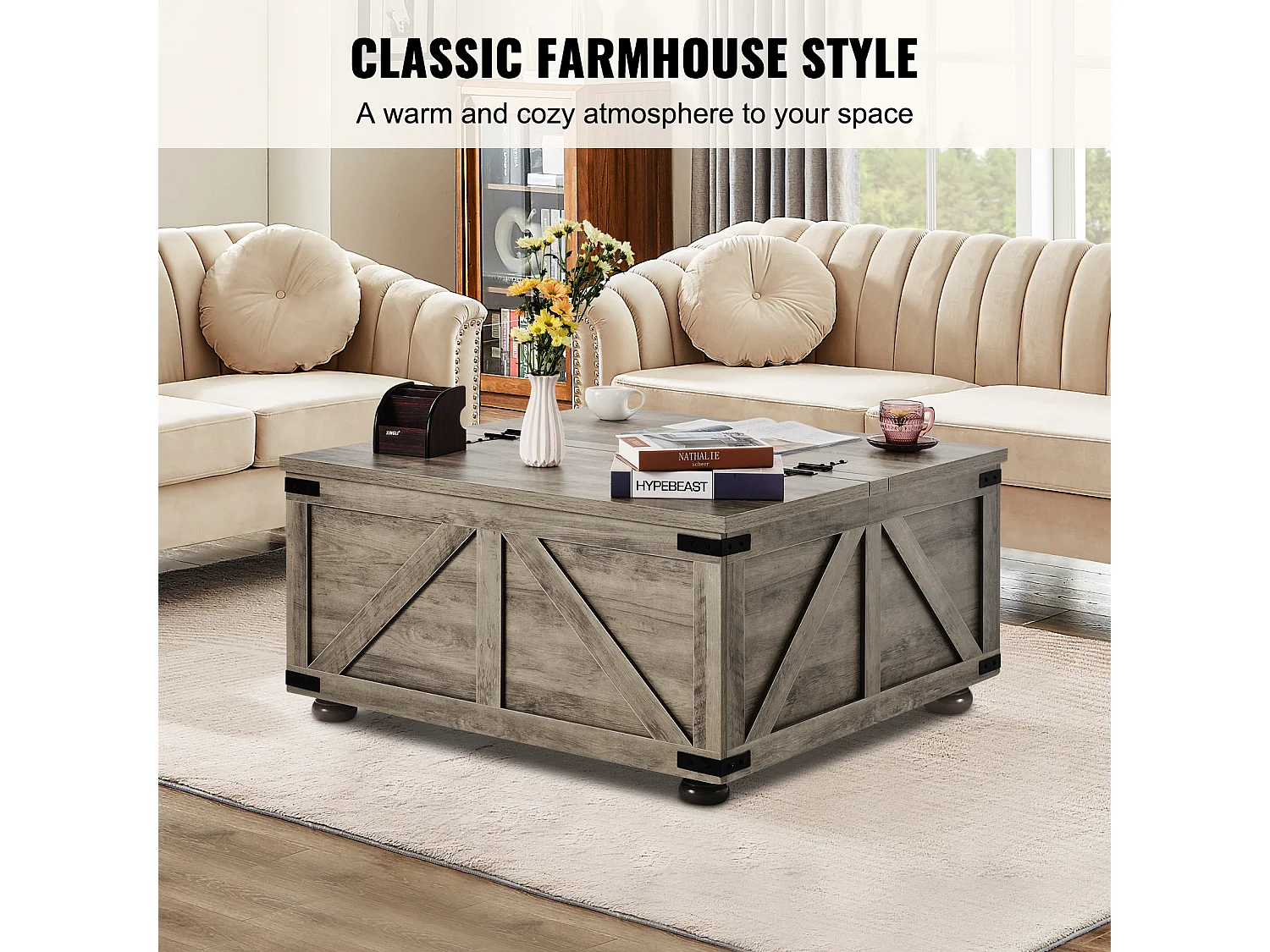 Table Basse SucceBuy, 914 mm, Table Carrée à Charnières avec Grand Compartiment de Rangement, Gris-Marron, pour Salon, Chambre, Appartement, Studio