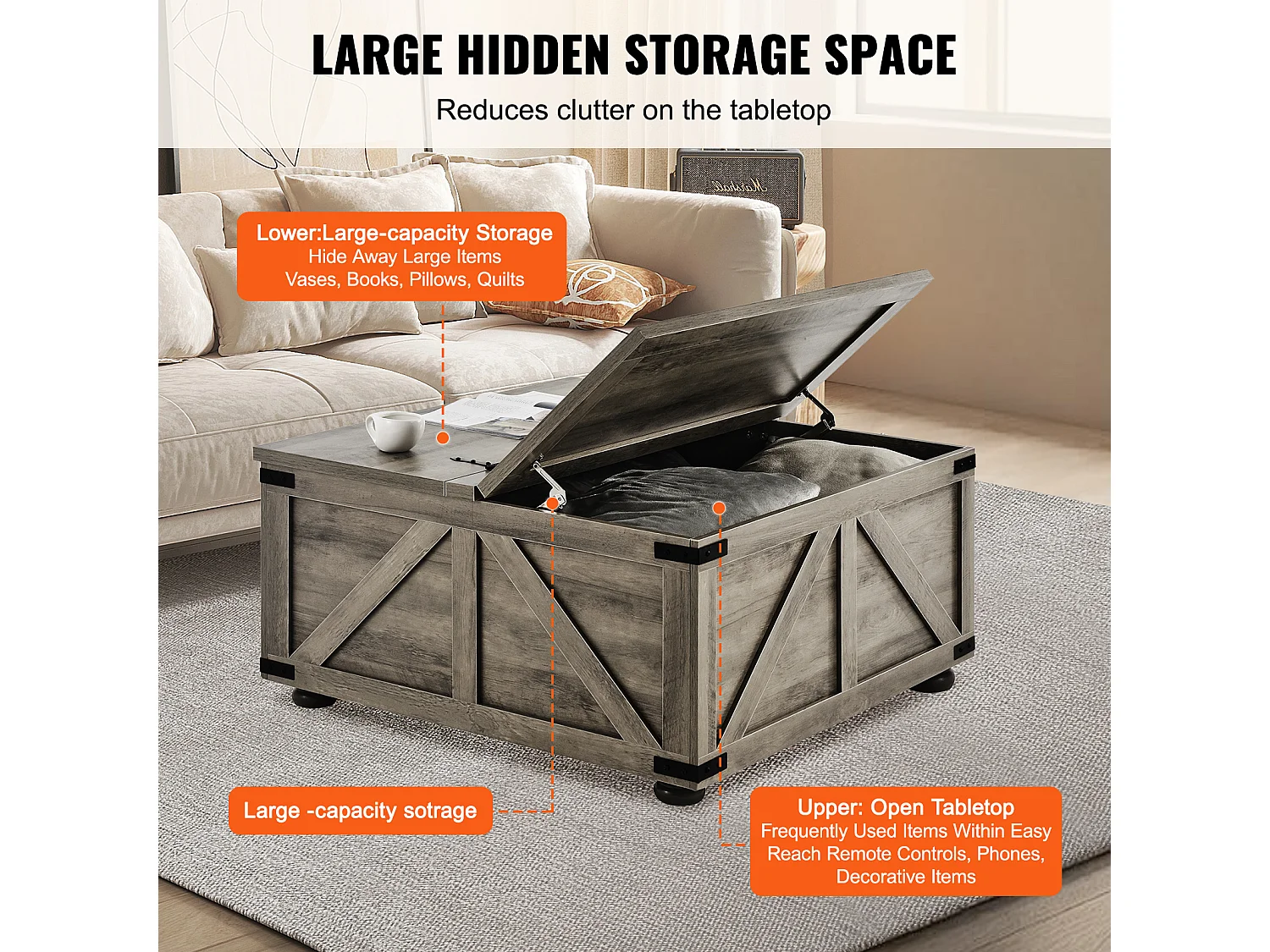 Table Basse SucceBuy, 914 mm, Table Carrée à Charnières avec Grand Compartiment de Rangement, Gris-Marron, pour Salon, Chambre, Appartement, Studio