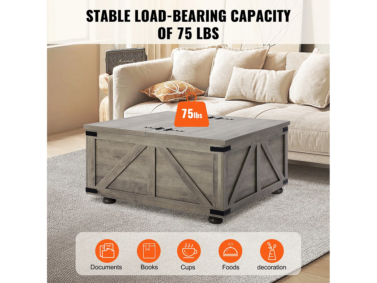 Table Basse SucceBuy, 914 mm, Table Carrée à Charnières avec Grand Compartiment de Rangement, Gris-Marron, pour Salon, Chambre, Appartement, Studio