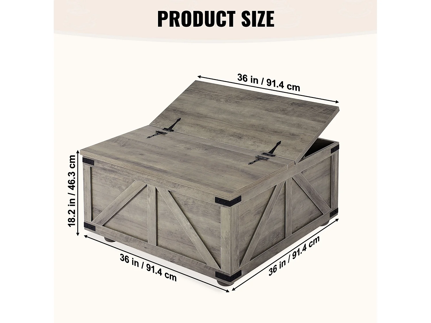 Table Basse SucceBuy, 914 mm, Table Carrée à Charnières avec Grand Compartiment de Rangement, Gris-Marron, pour Salon, Chambre, Appartement, Studio