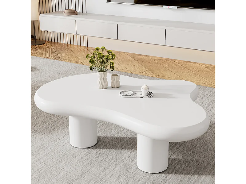 Mesa de centro em forma de nuvem irregular - Mesa de centro branca com tampo em MDF e base em feltro - 97x67x32cm