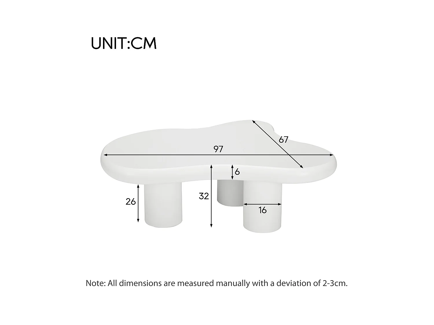 Nieregularny stolik kawowy w kształcie chmury - Biały stolik kawowy z blatem z płyty MDF i filcową podkładką - 97x67x32 cm