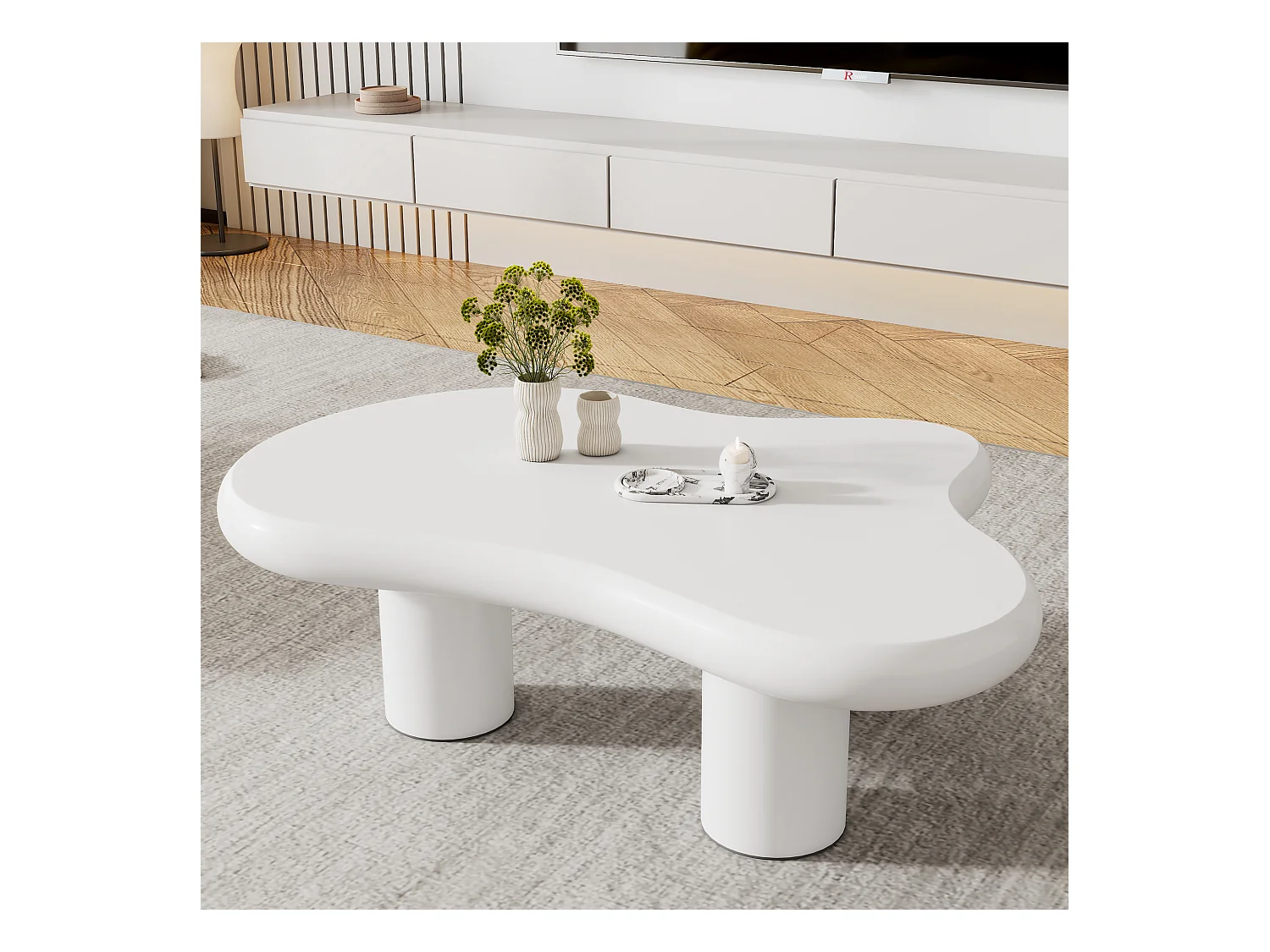 Onregelmatige wolkvormige salontafel - Witte salontafel met MDF-blad en vilten onderlegger - 97x67x32cm