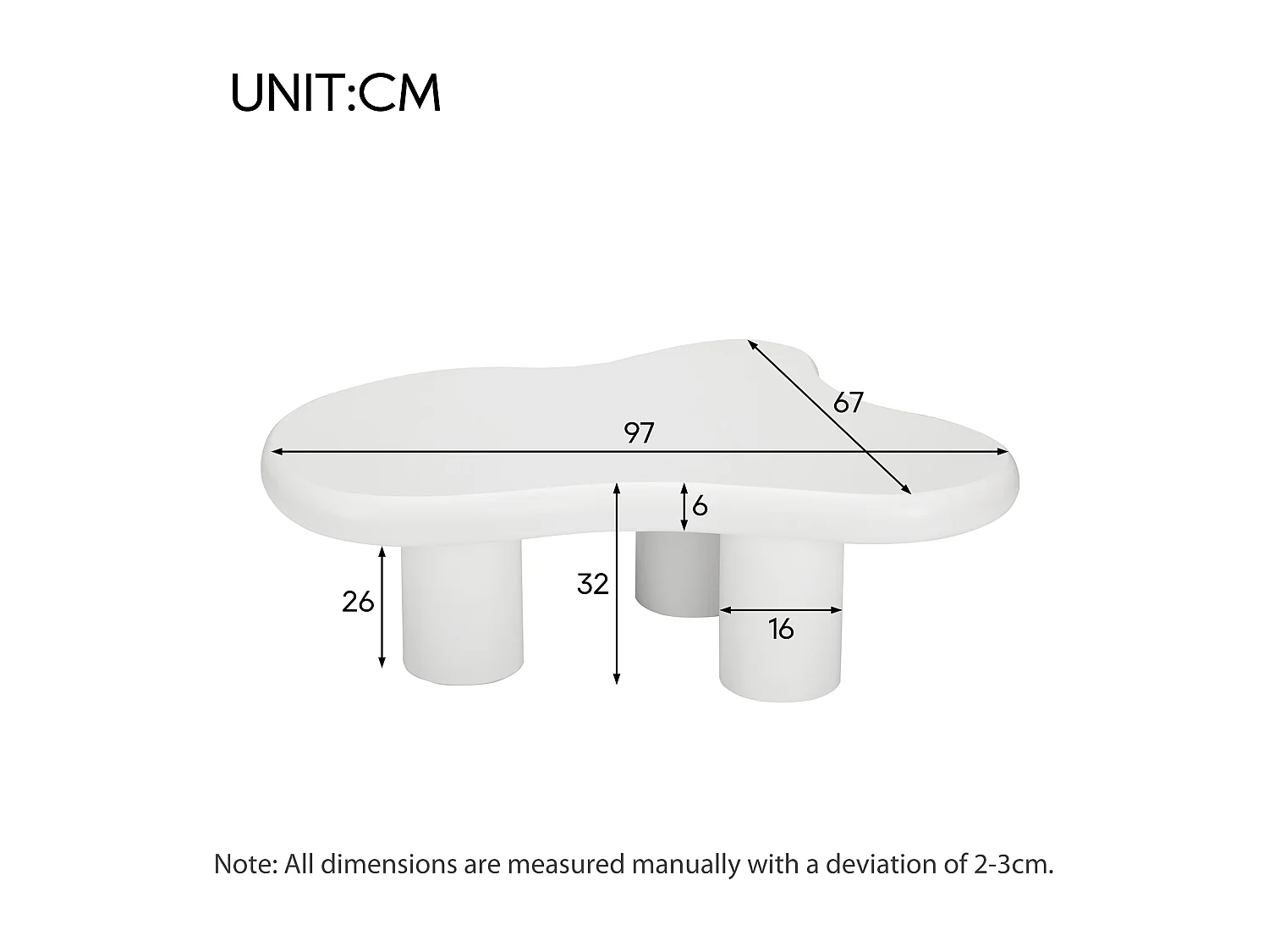 Table basse irrégulière en forme de nuage - Table basse blanche avec plateau en MDF et patin en feutre - 97x67x32cm