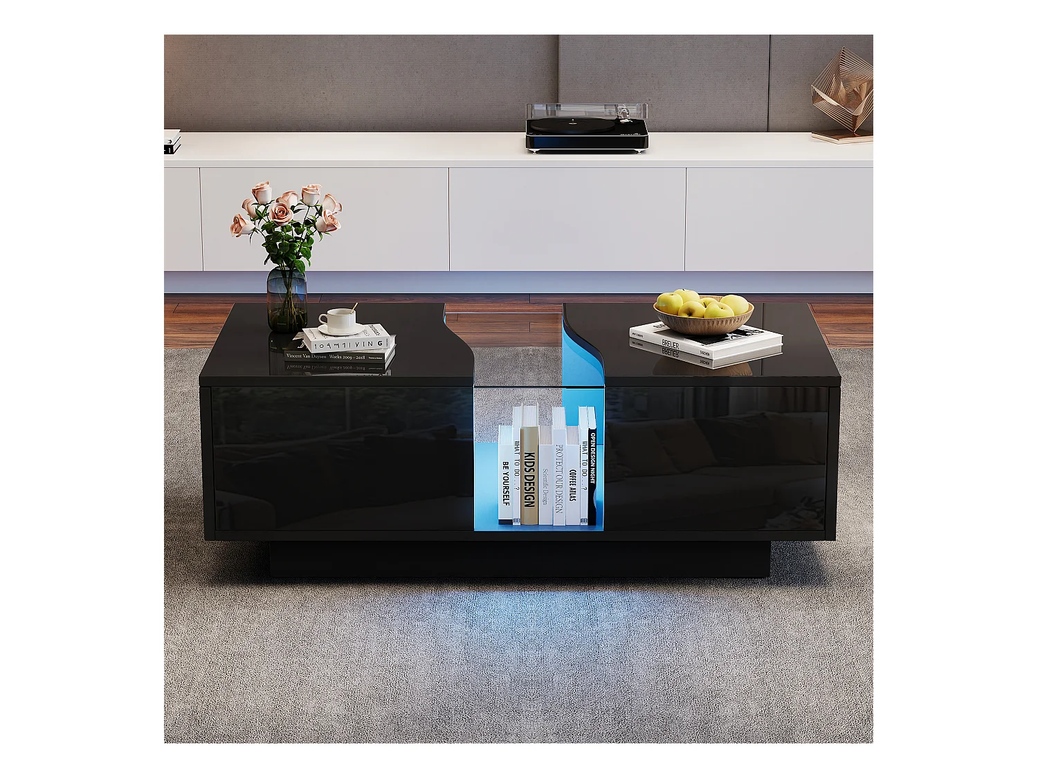 Table basse avec 2 tiroirs et LED, en MDF et acrylique, en noir laqué brillant