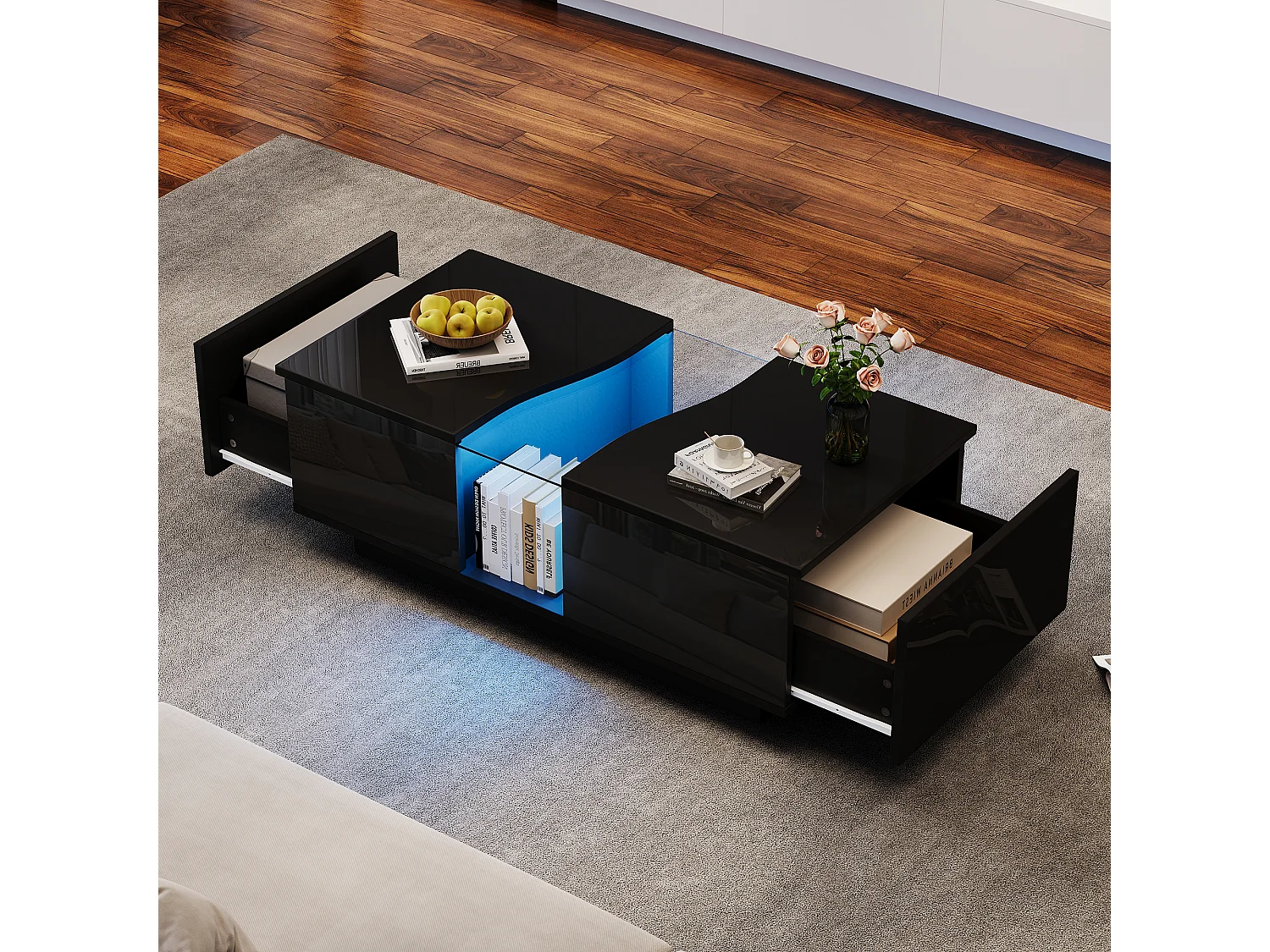 Table basse avec 2 tiroirs et LED, en MDF et acrylique, en noir laqué brillant