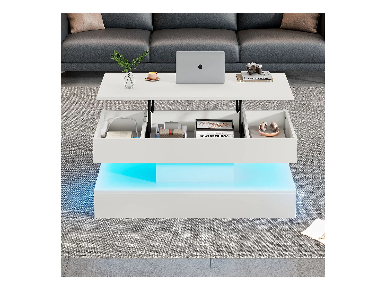 Table basse moderne - Table basse blanc avec éclairage LED et prise de charge - ascenseur hydraulique