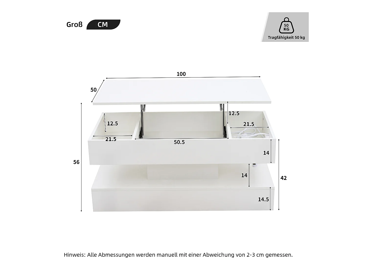Table basse moderne - Table basse blanc avec éclairage LED et prise de charge - ascenseur hydraulique
