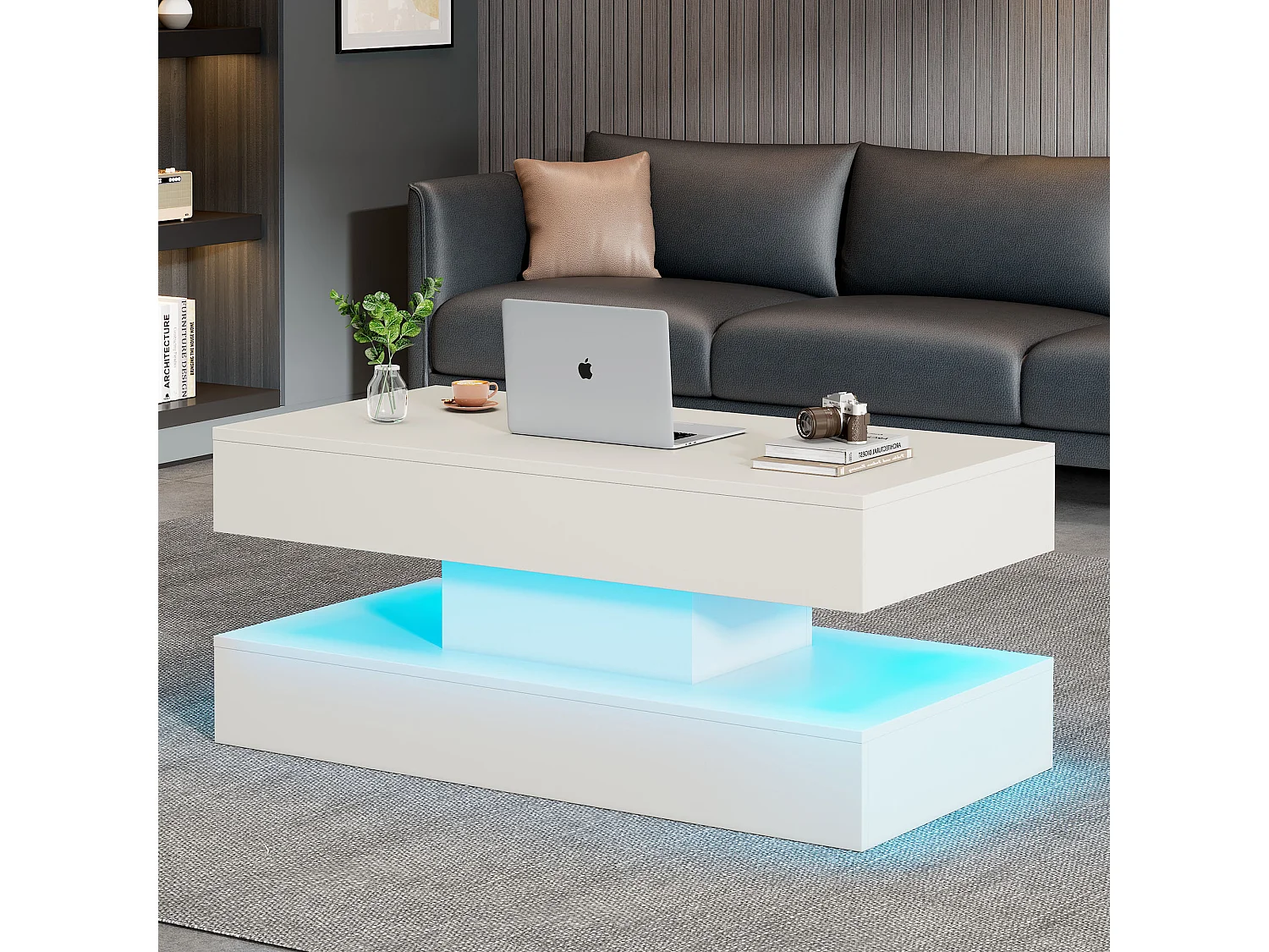 Table basse moderne - Table basse blanc avec éclairage LED et prise de charge - ascenseur hydraulique