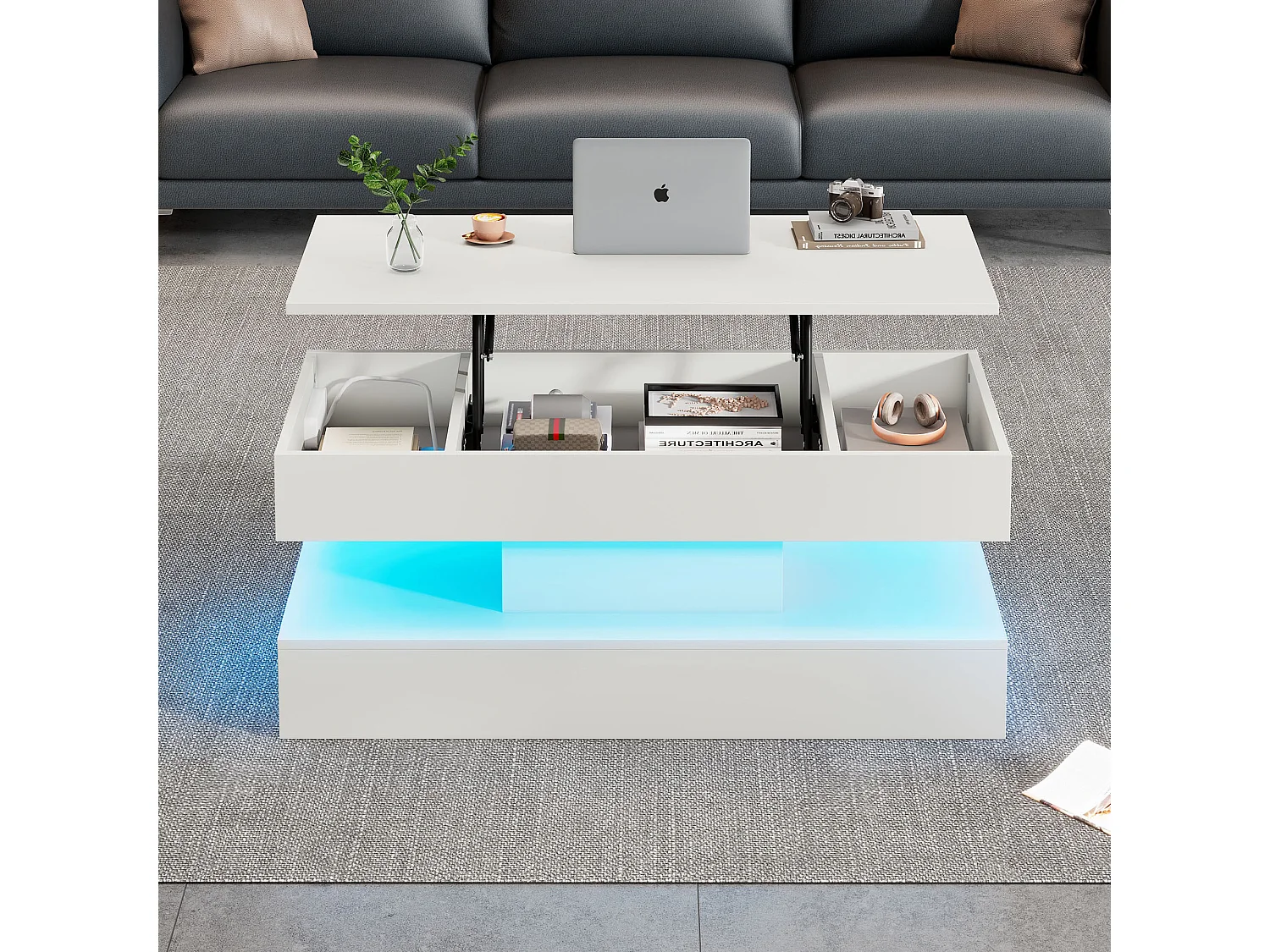 Table basse moderne - Table basse blanc avec éclairage LED et prise de charge - ascenseur hydraulique