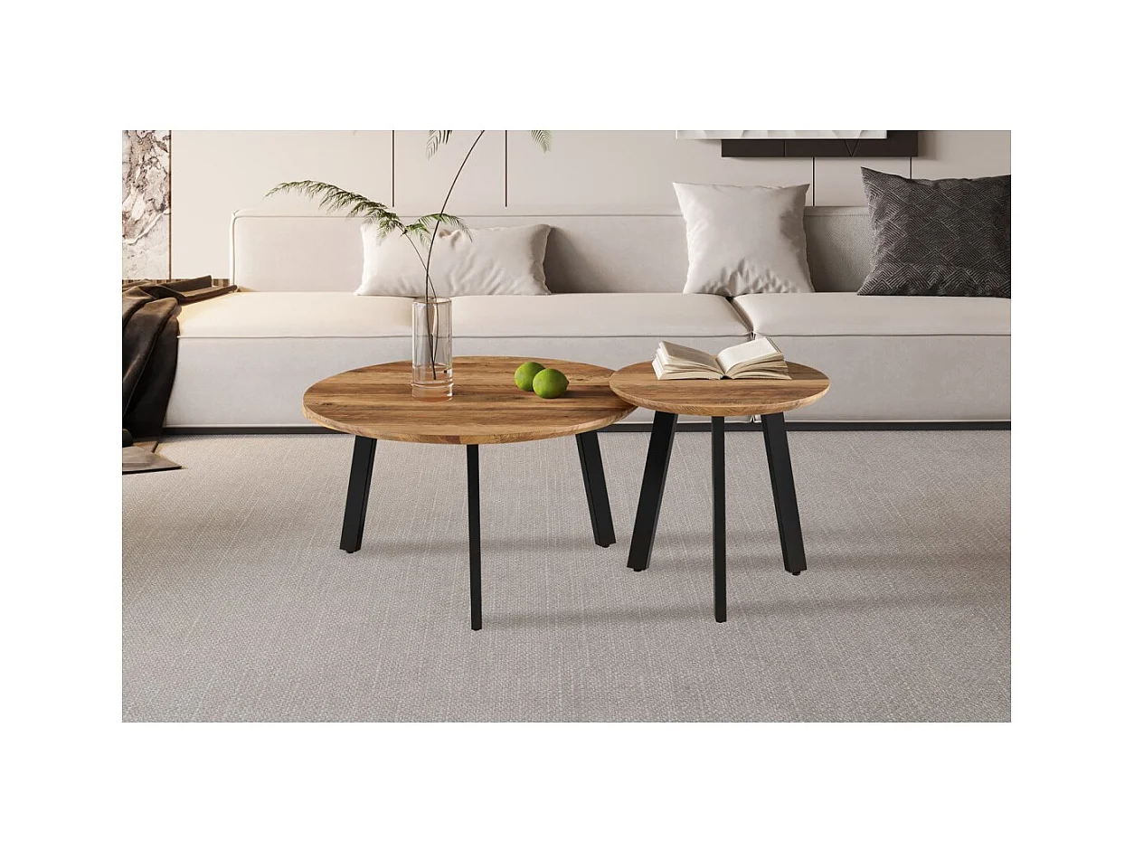 Set de 2 mesas de centro TUNIS – Cor madeira de mangueira – MDF & metal – Estilo industrial e harmonioso