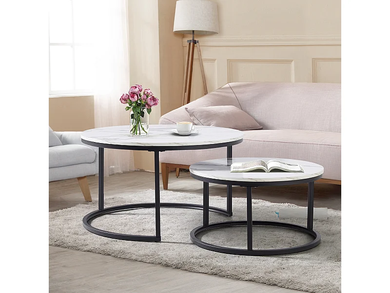 Table basse gigogne ronde, lot de 2, table basse gigogne blanche, cadre en métal noir, placage de marbre