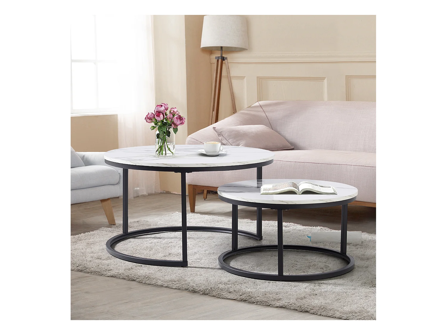 Ronde salontafel, set van 2, witte salontafel, zwart metalen frame, marmerfineer