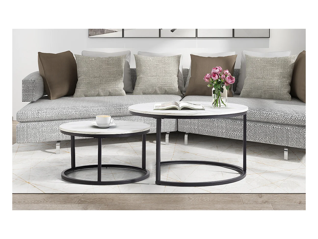 Ronde salontafel, set van 2, witte salontafel, zwart metalen frame, marmerfineer
