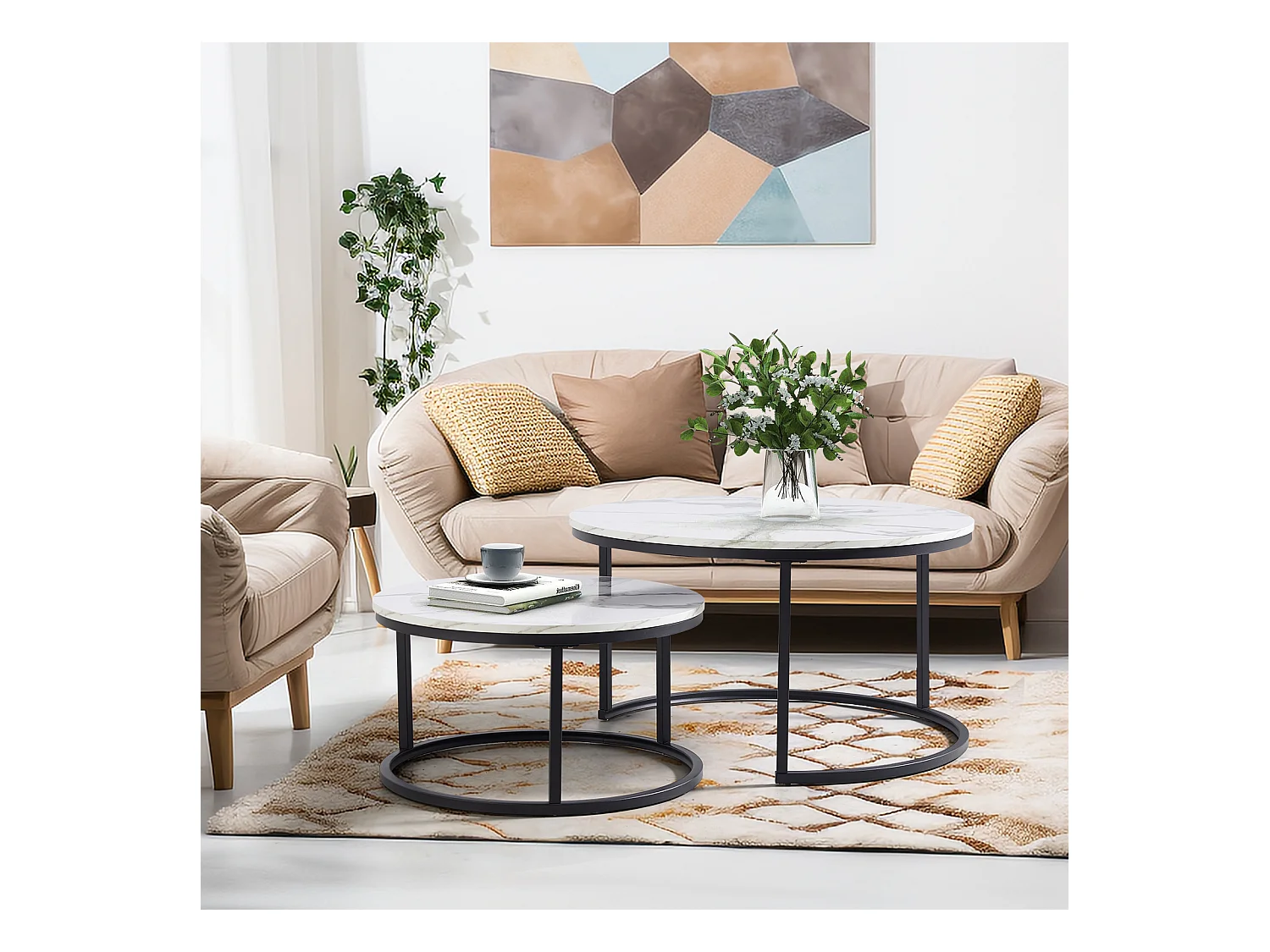 Ronde salontafel, set van 2, witte salontafel, zwart metalen frame, marmerfineer