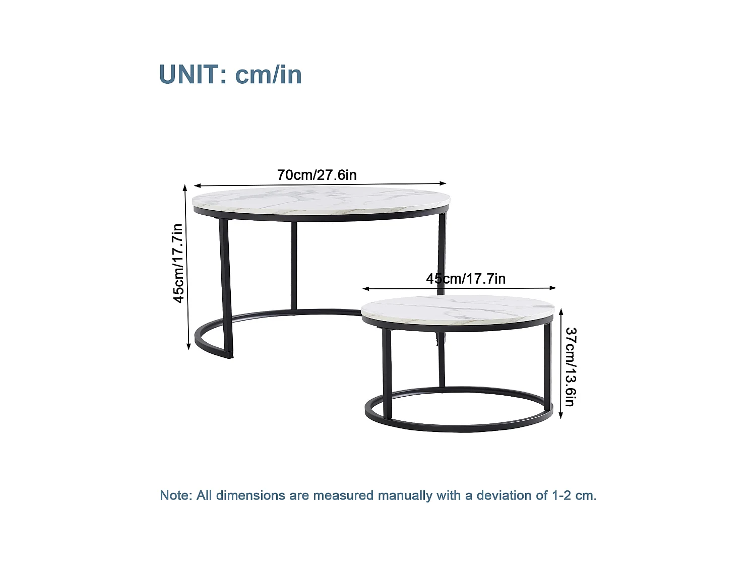 Ronde salontafel, set van 2, witte salontafel, zwart metalen frame, marmerfineer