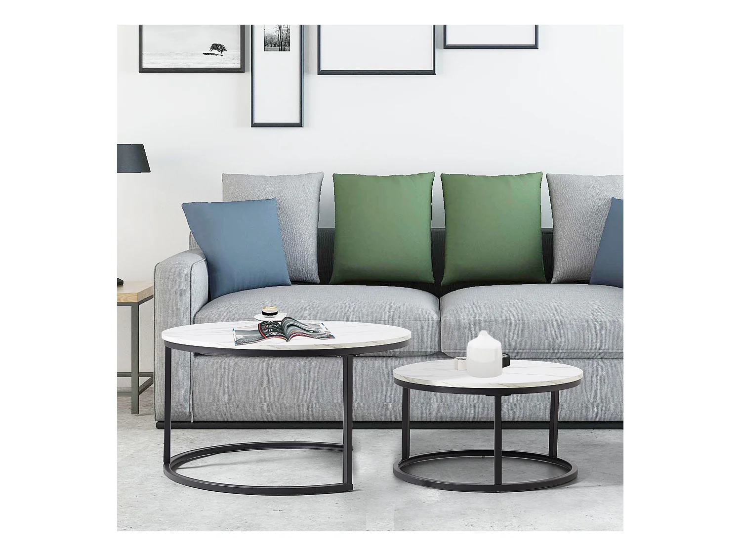 Ronde salontafel, set van 2, witte salontafel, zwart metalen frame, marmerfineer