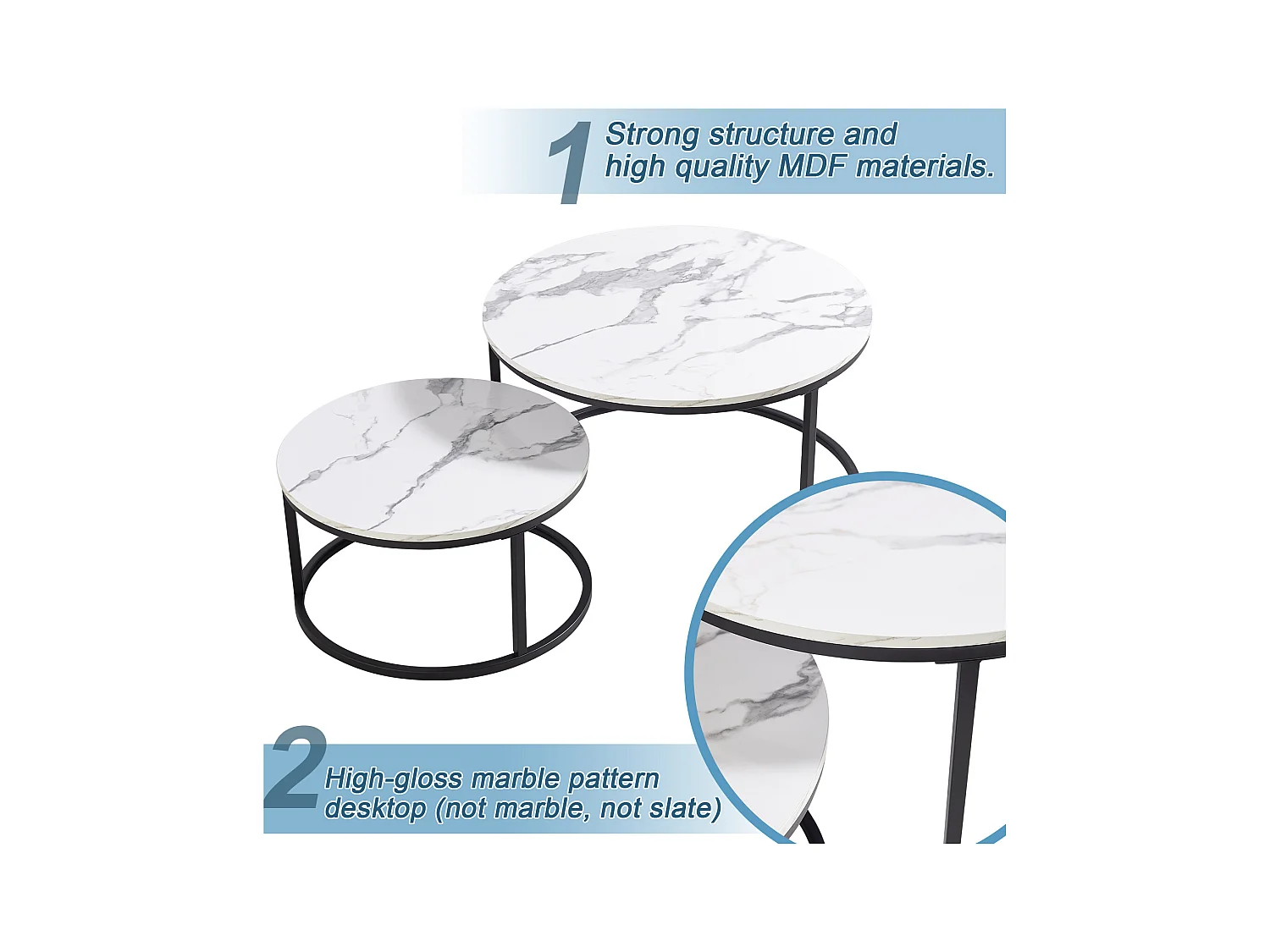 Ronde salontafel, set van 2, witte salontafel, zwart metalen frame, marmerfineer