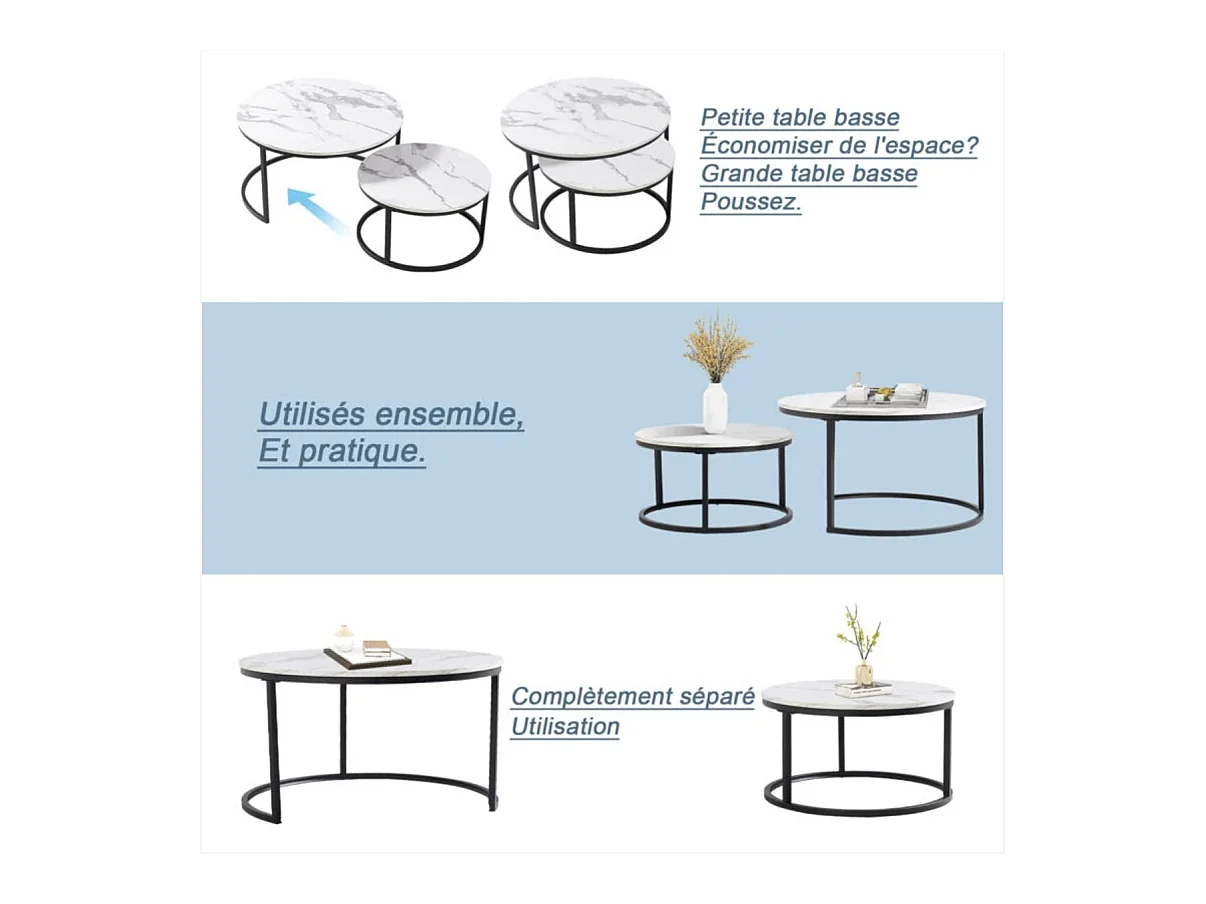 Ronde salontafel, set van 2, witte salontafel, zwart metalen frame, marmerfineer
