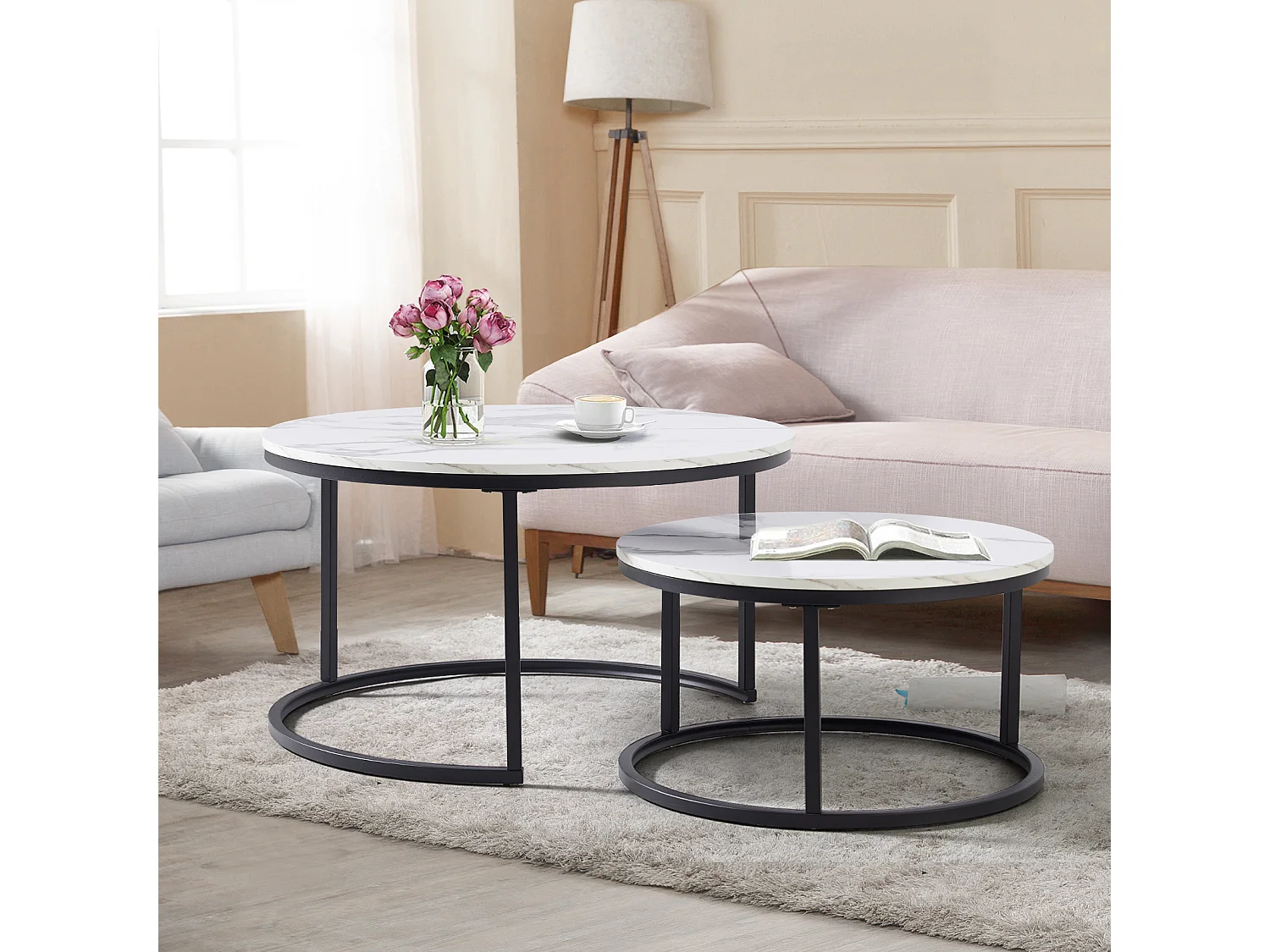 Table basse gigogne ronde, lot de 2, table basse gigogne blanche, cadre en métal noir, placage de marbre