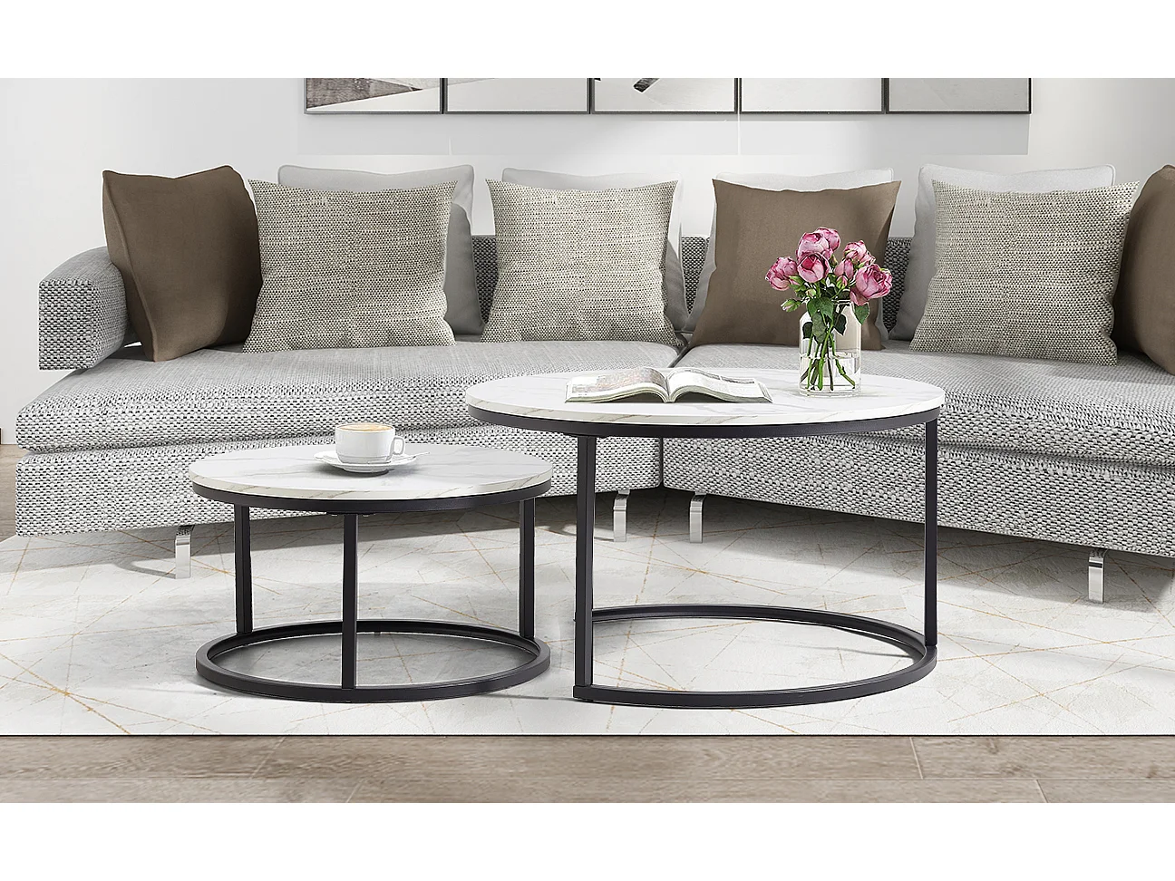 Table basse gigogne ronde, lot de 2, table basse gigogne blanche, cadre en métal noir, placage de marbre