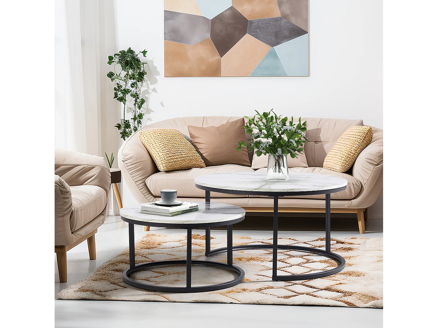 Table basse gigogne ronde, lot de 2, table basse gigogne blanche, cadre en métal noir, placage de marbre