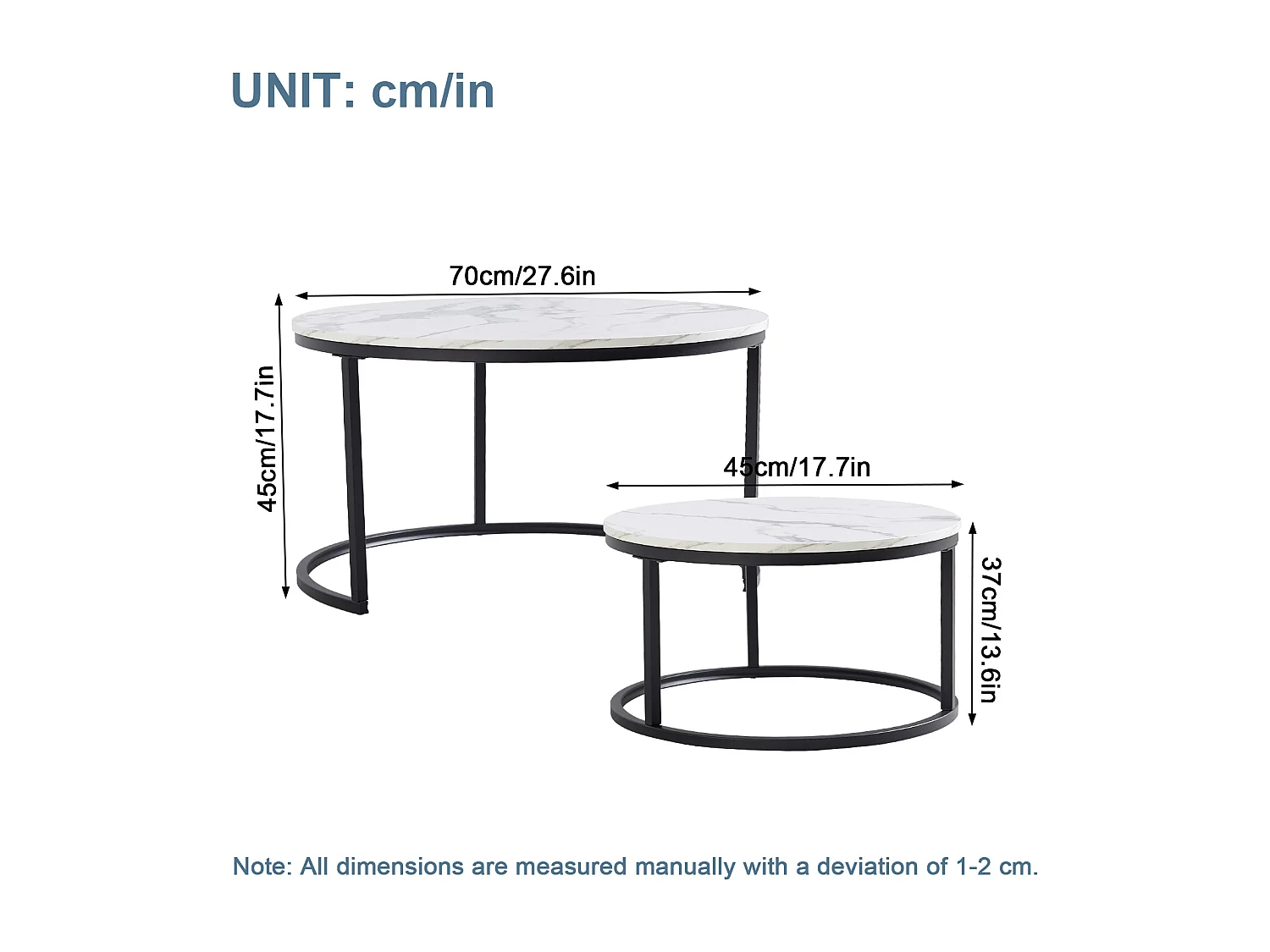 Table basse gigogne ronde, lot de 2, table basse gigogne blanche, cadre en métal noir, placage de marbre