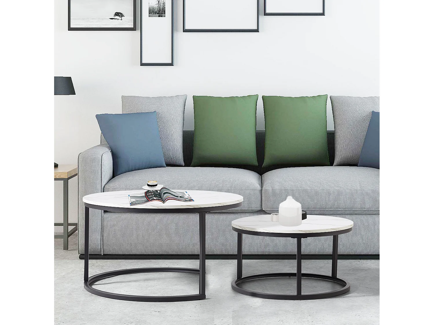 Table basse gigogne ronde, lot de 2, table basse gigogne blanche, cadre en métal noir, placage de marbre