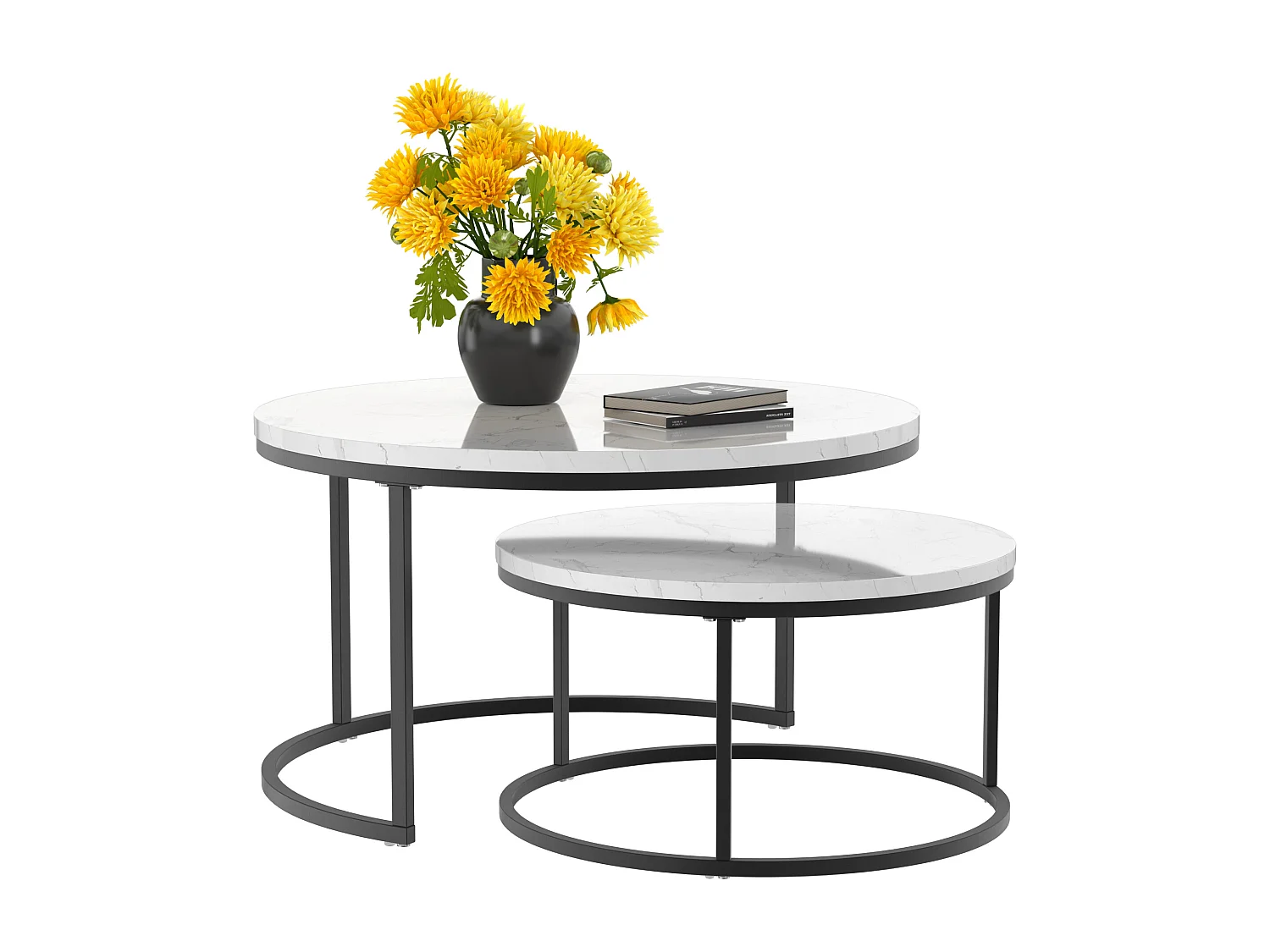 Table basse gigogne ronde, lot de 2, table basse gigogne blanche, cadre en métal noir, placage de marbre