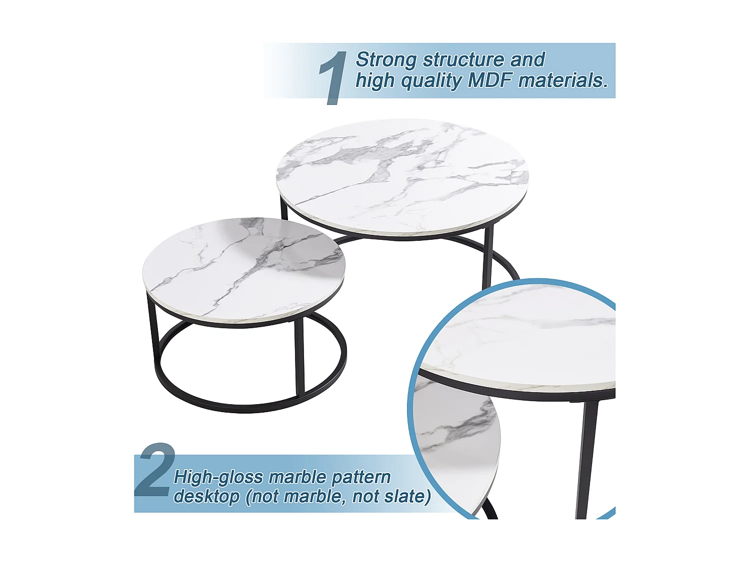 Table basse gigogne ronde, lot de 2, table basse gigogne blanche, cadre en métal noir, placage de marbre