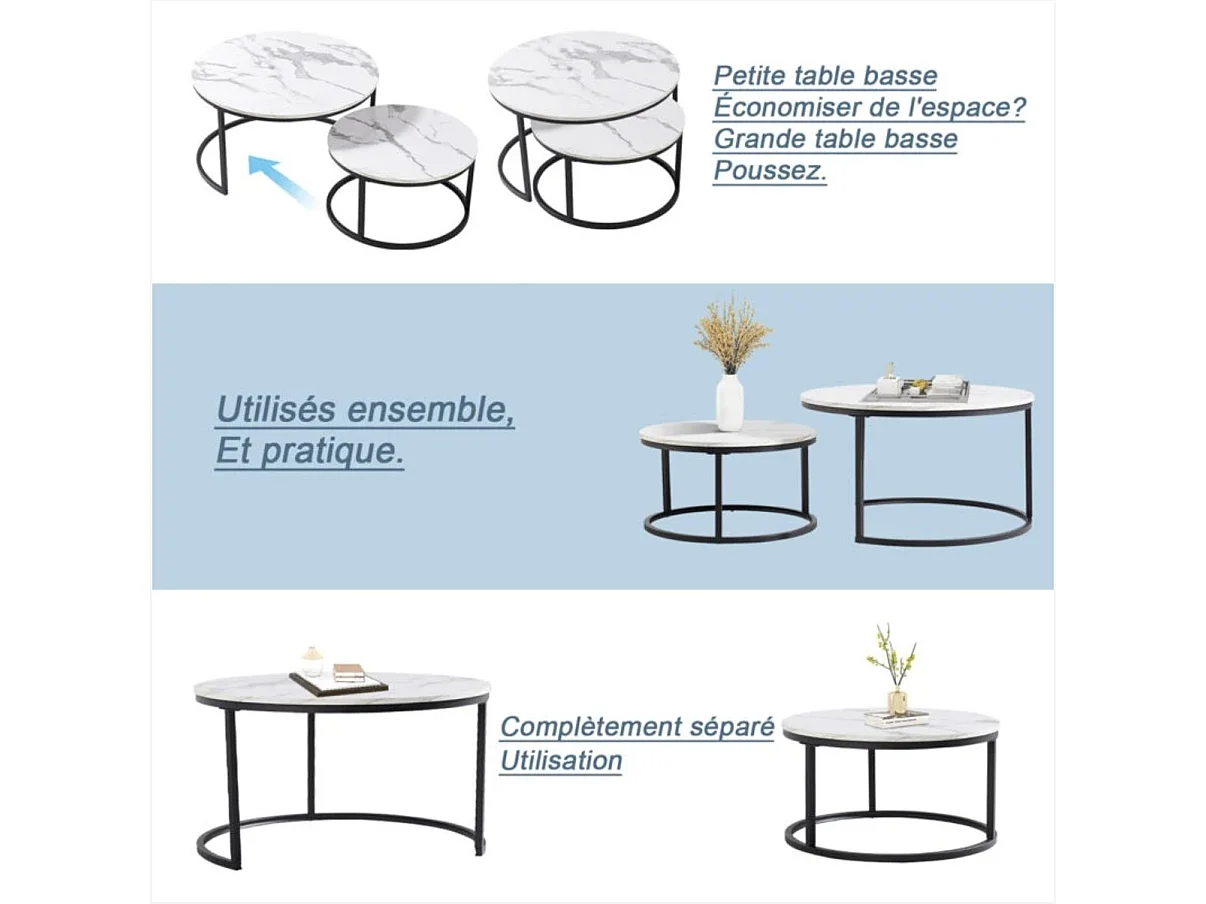 Table basse gigogne ronde, lot de 2, table basse gigogne blanche, cadre en métal noir, placage de marbre