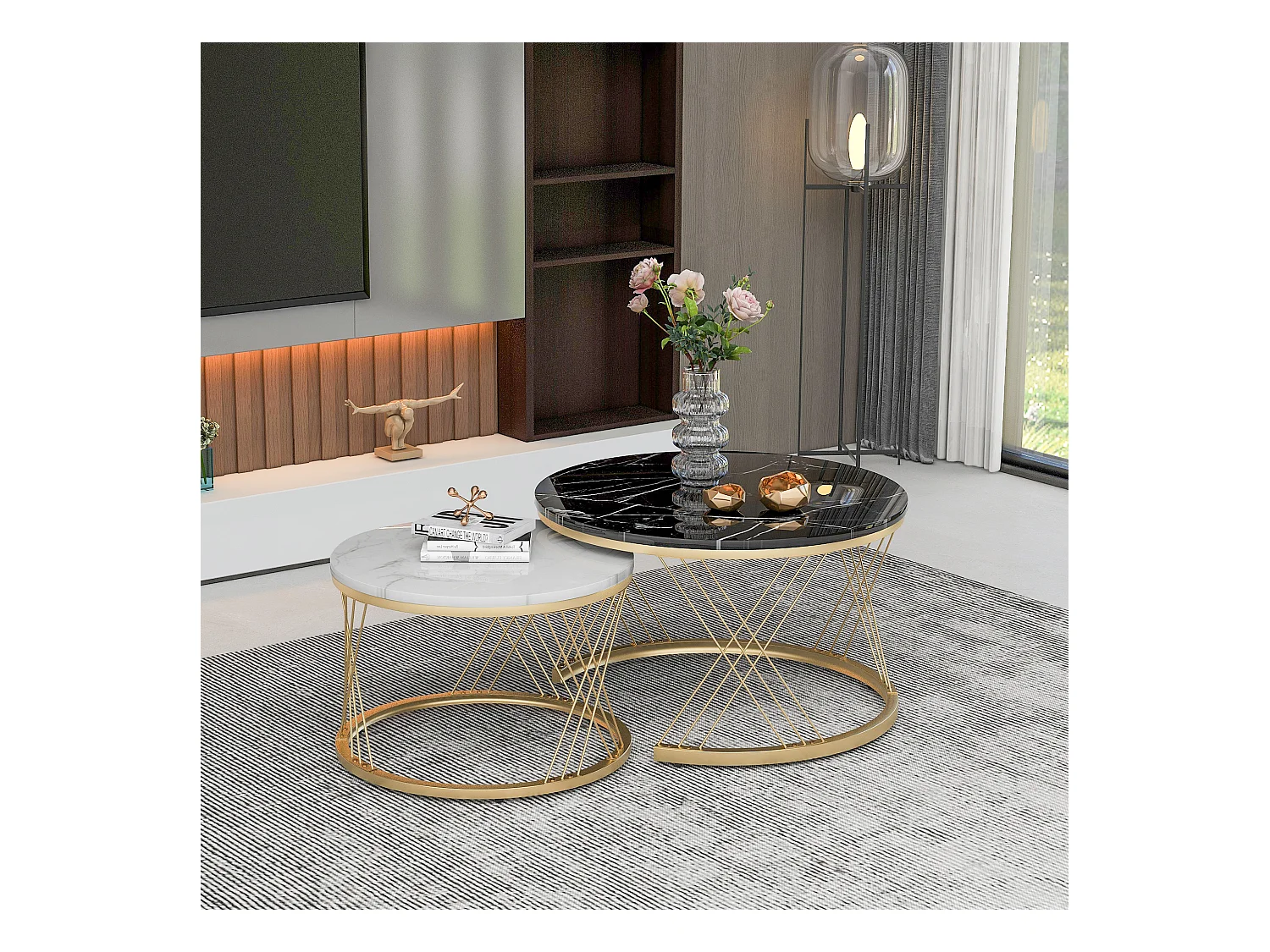 Lot de 2 tables basses  - Tables basses gigognes - cadre doré - plateau de table effet marbre