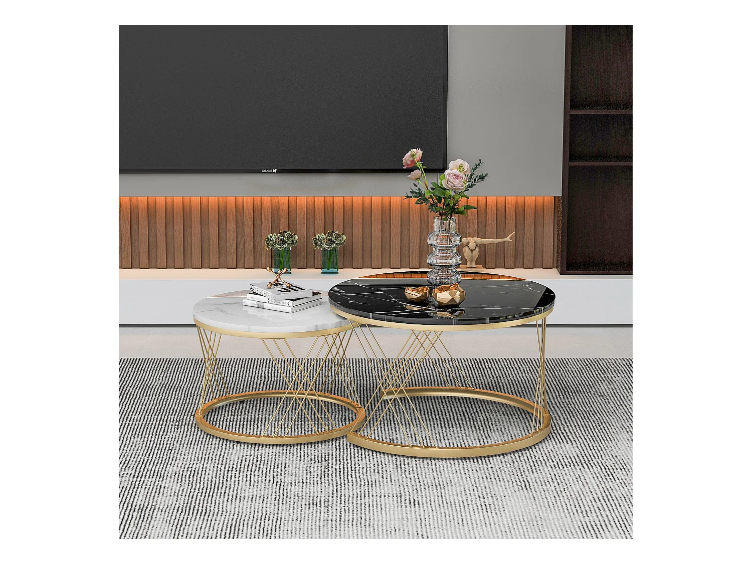 Lot de 2 tables basses  - Tables basses gigognes - cadre doré - plateau de table effet marbre