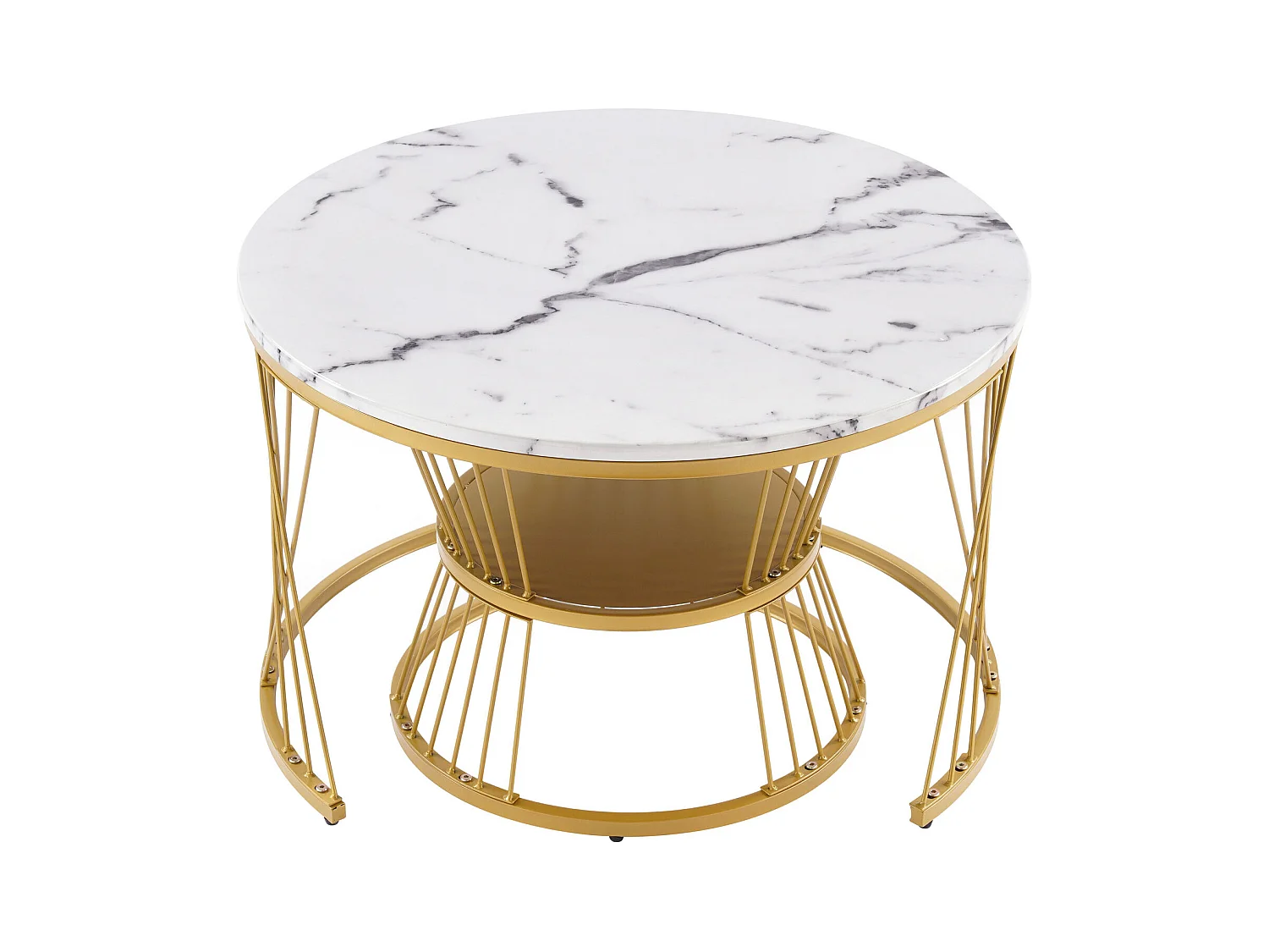 Zestaw 2 stolików kawowych - Okrągły stolik kawowy - złota metalowa rama - naklejka imitująca marmur