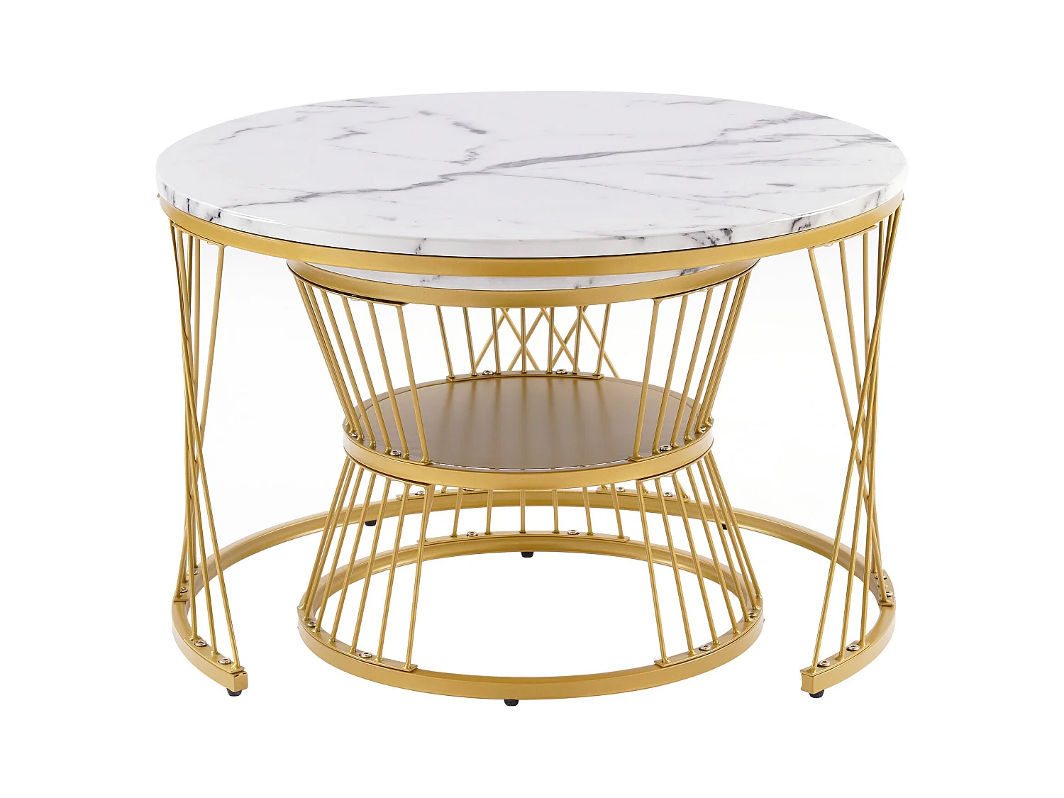 Conjunto de 2 mesas de centro - Mesa de centro redonda encaixável - estrutura metálica dourada - autocolante com efeito mármore